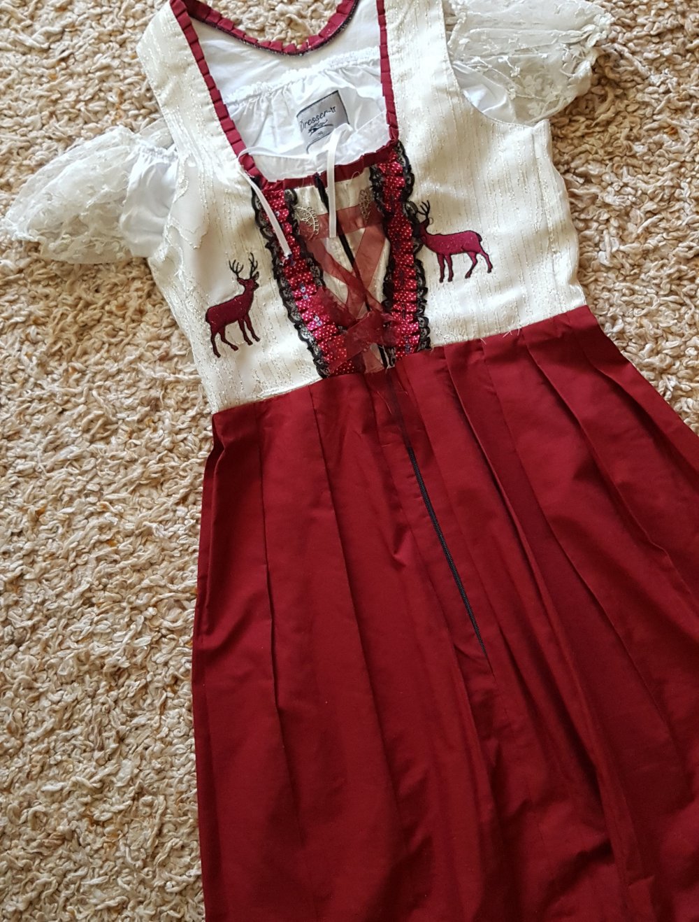 Dirndl mit Bluse und Schürze 3Teile weiß  creme dunkelrot Gr.36