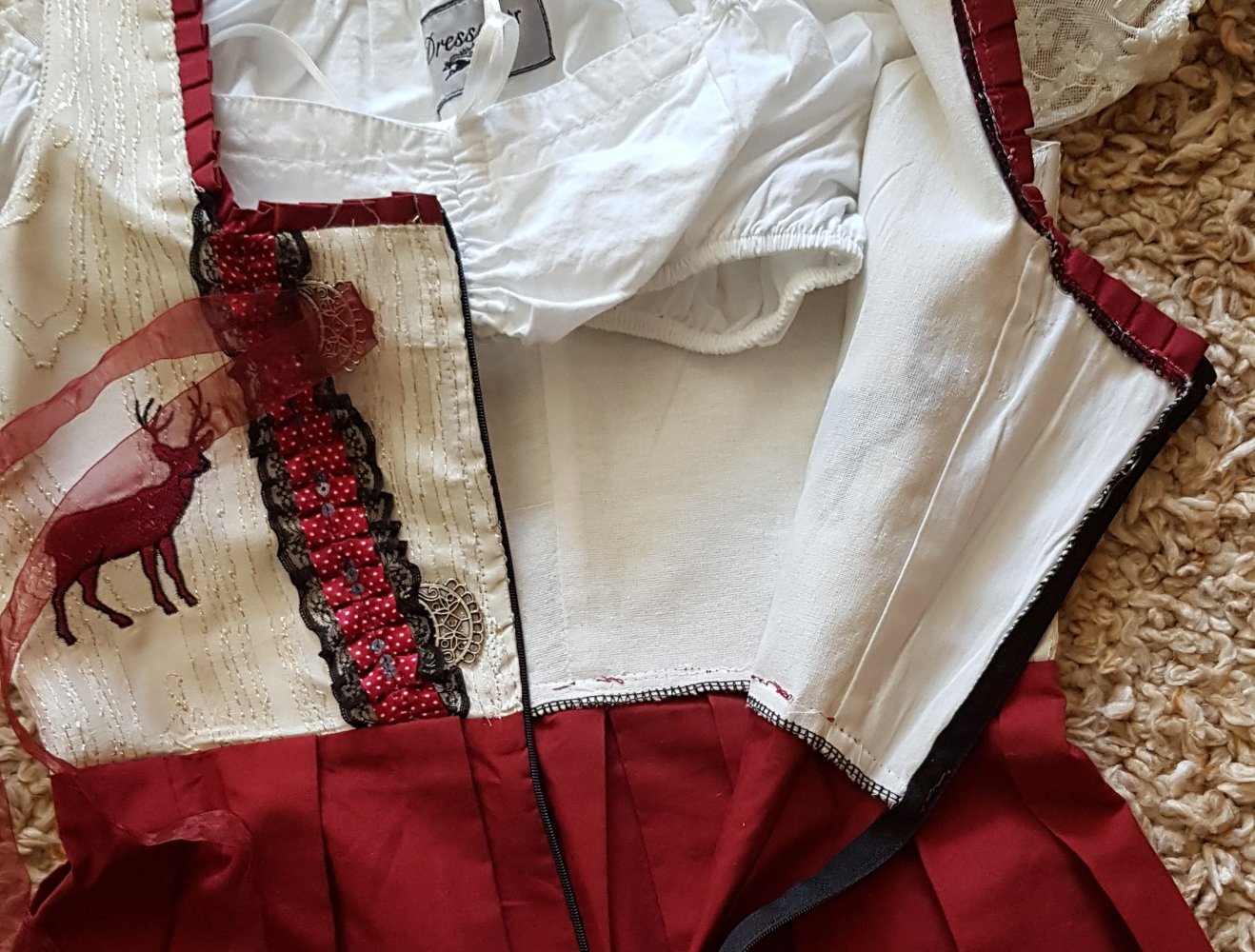 Dirndl mit Bluse und Schürze 3Teile weiß  creme dunkelrot Gr.36