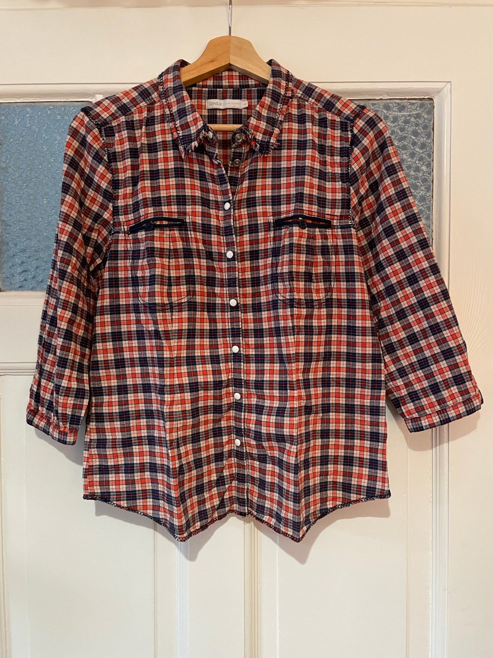 Rot-Blau Karierte 3/4 Bluse, Karobluse