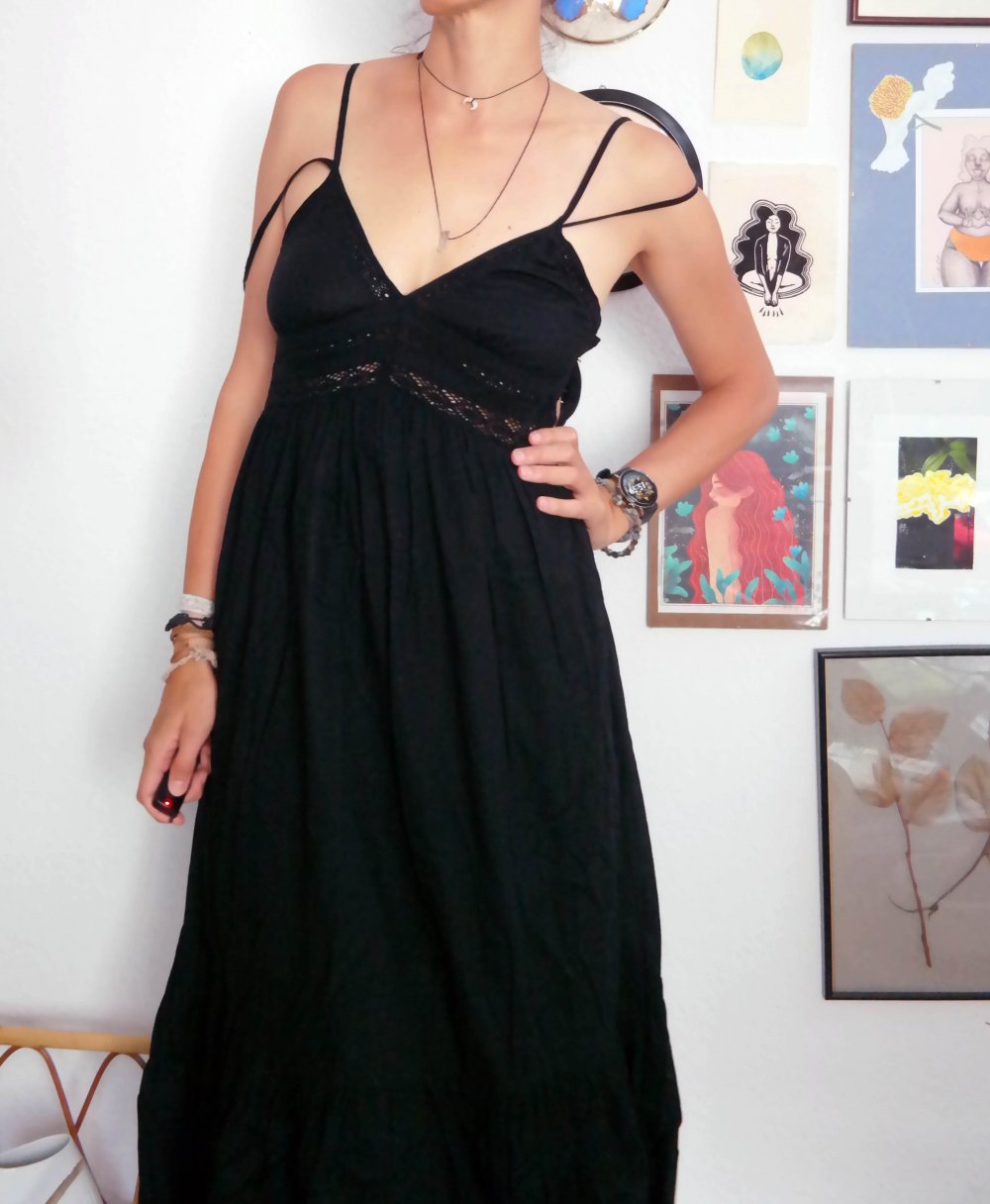 Zara Maxikleid Schwarz V-Ausschnitt Trägerkleid Häkelborte Hippie Ethno S XS 36 34