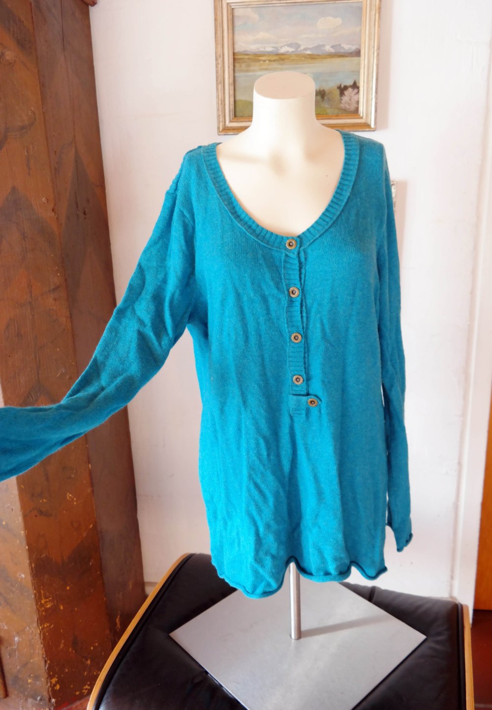 H&M Logg Pullover Angora Strickpullover petrol blau L 40 XL 42 Knöpfe Knopfleiste 