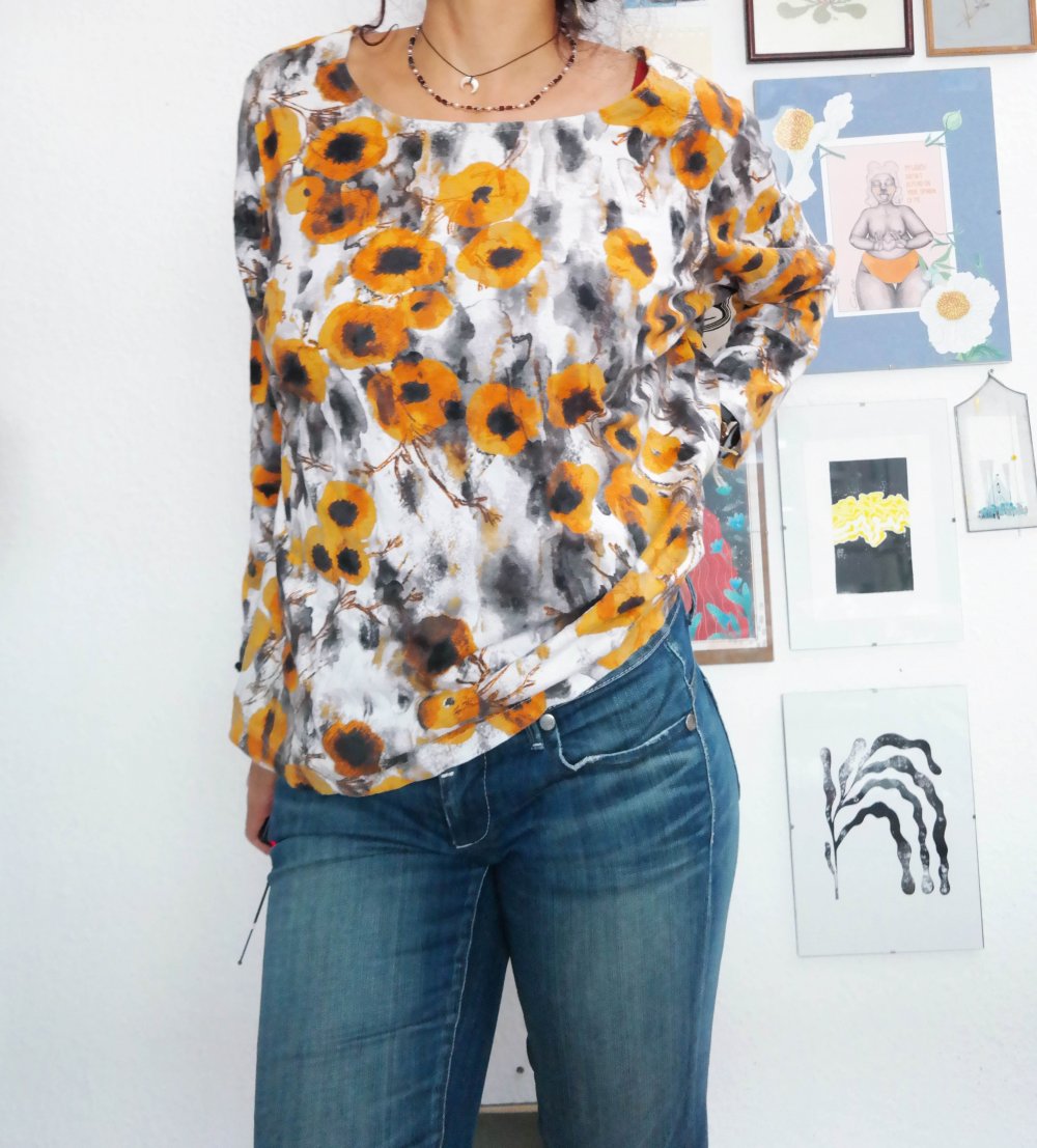 Langarmshirt Longsleeve Blumen bunt Mohnblumen 48 XXL weiß Pullover