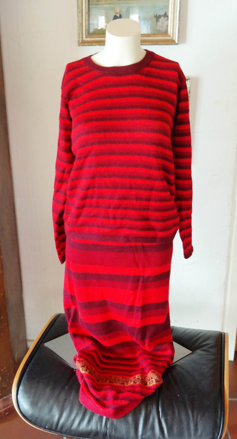 100% Wolle Set Strickpullover Wollpullover Strickrock Wollrock bunt rot Alpaka L 40 Peru Hippie Ethno