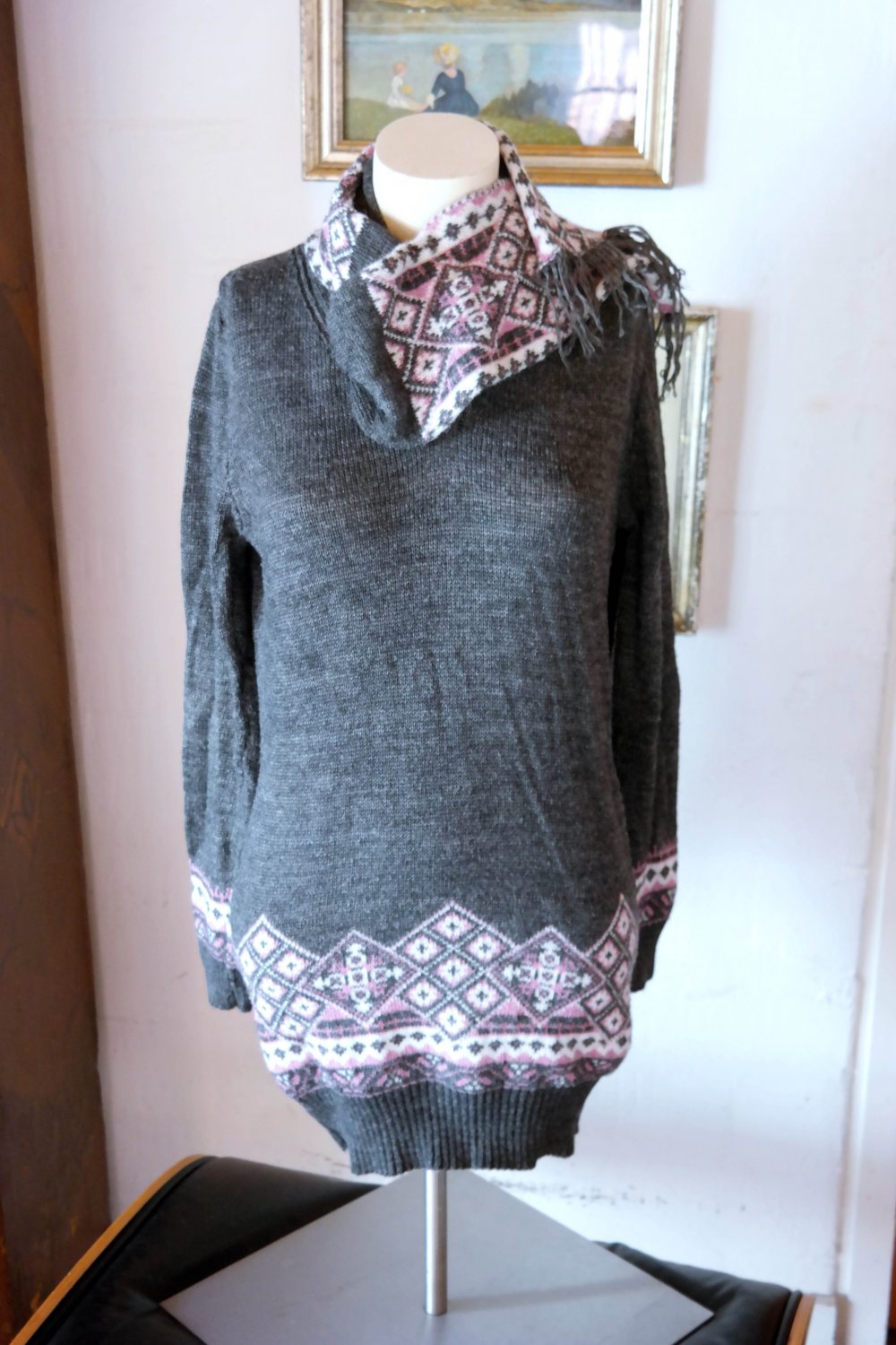 Pullover Strickpullover Wolle Kragen Schal Schalkragen Wollpullover Unikat M 38 grau bunt