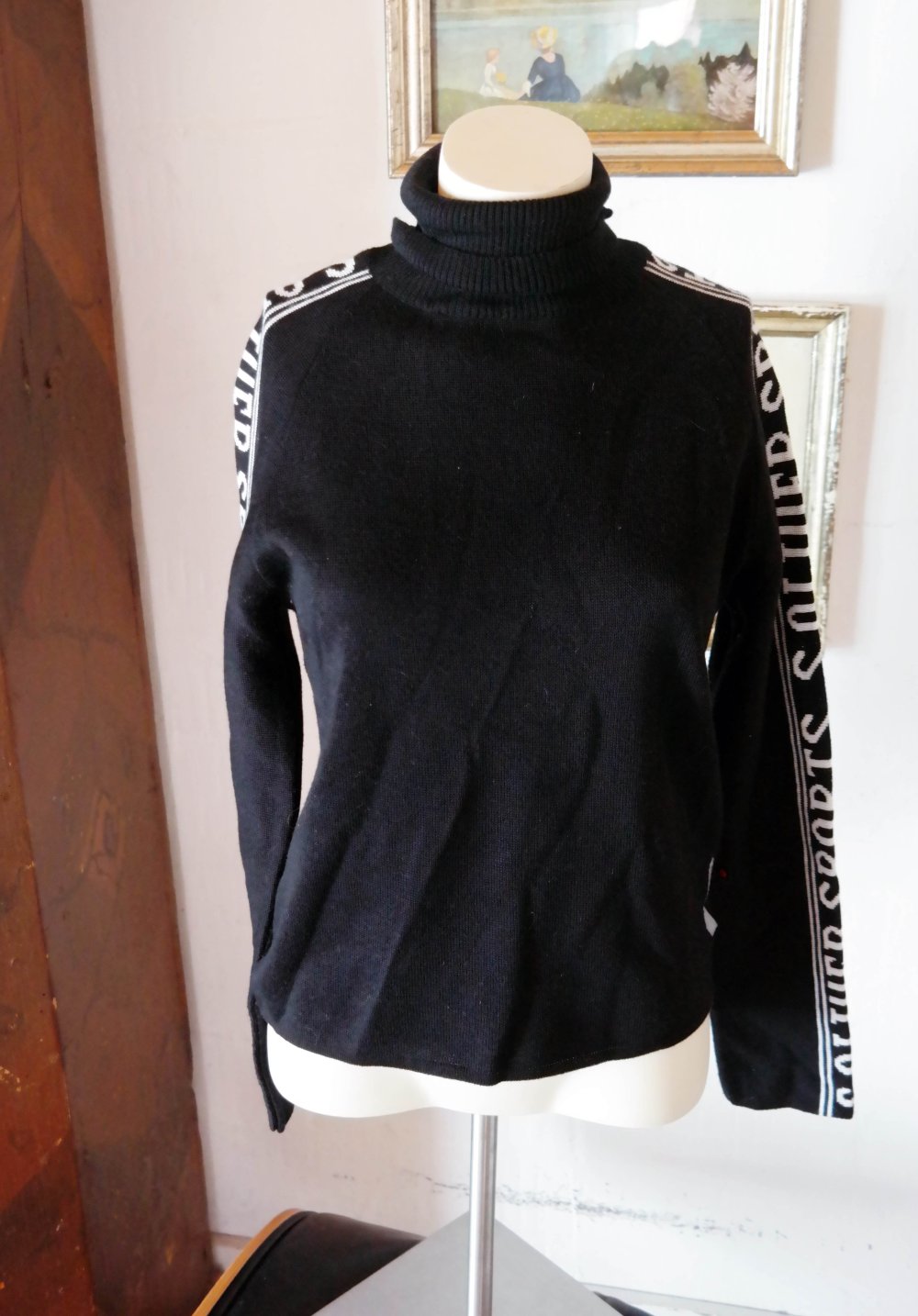S.Oliver Merino Pullover Rollkragenpullover schwarz elegant Streifen Ärmel M 38