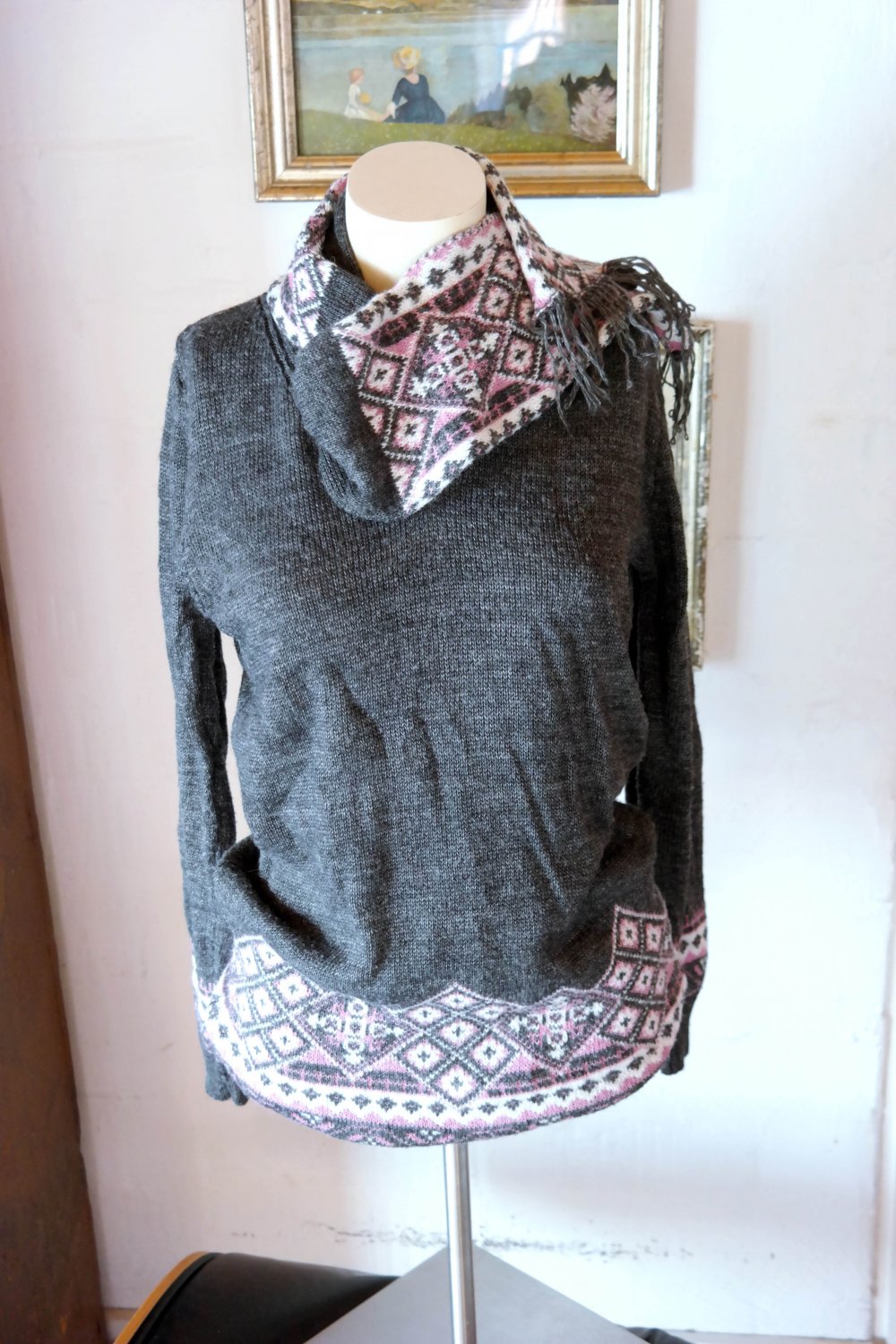 Pullover Strickpullover Wolle Kragen Schal Schalkragen Wollpullover Unikat M 38 grau bunt