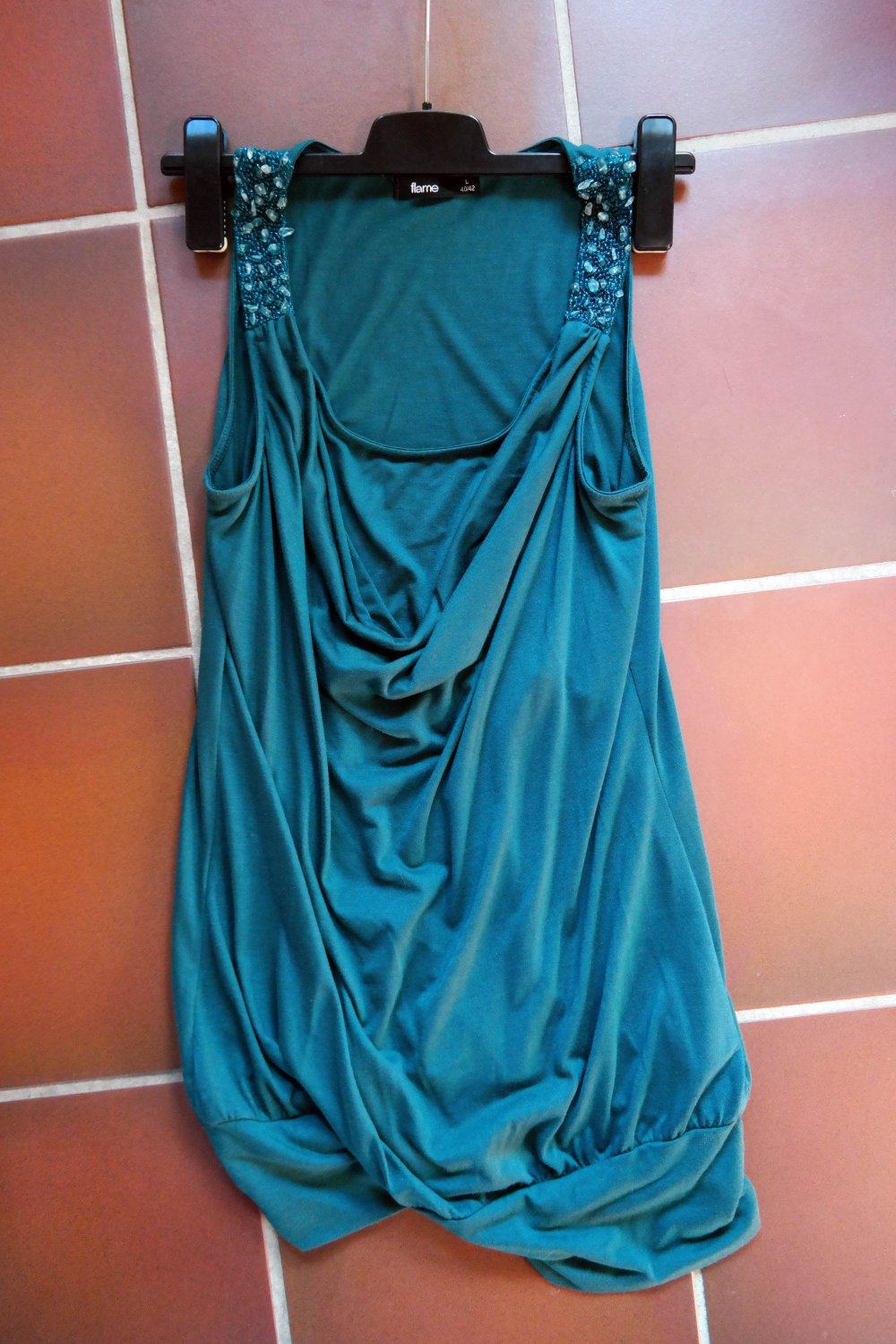 Tanktop Wasserfallausschnitt Perlen Longtop Minikleid L 40 42 XL petrol