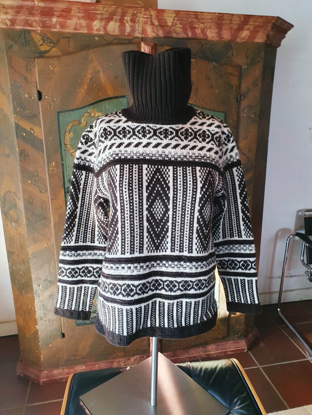 Merino Wolle Pullover Wollpullover Rollkragen Merinopullover Muster gemustert weiß braun M 38 Norweger