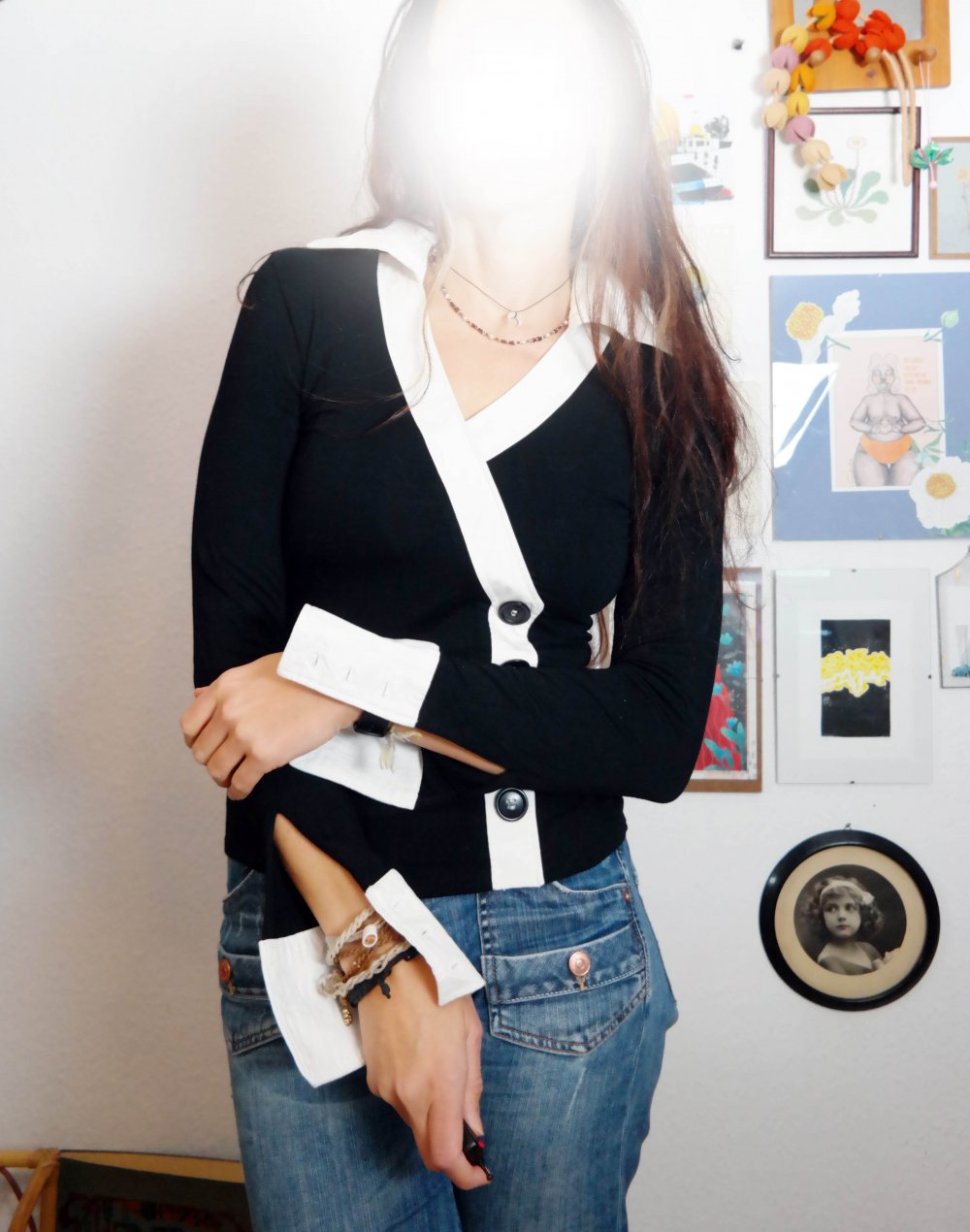 Blusenshirt Bluse Langarm Pullover chic preppy schwarz weiß V-Ausschnitt 38 M