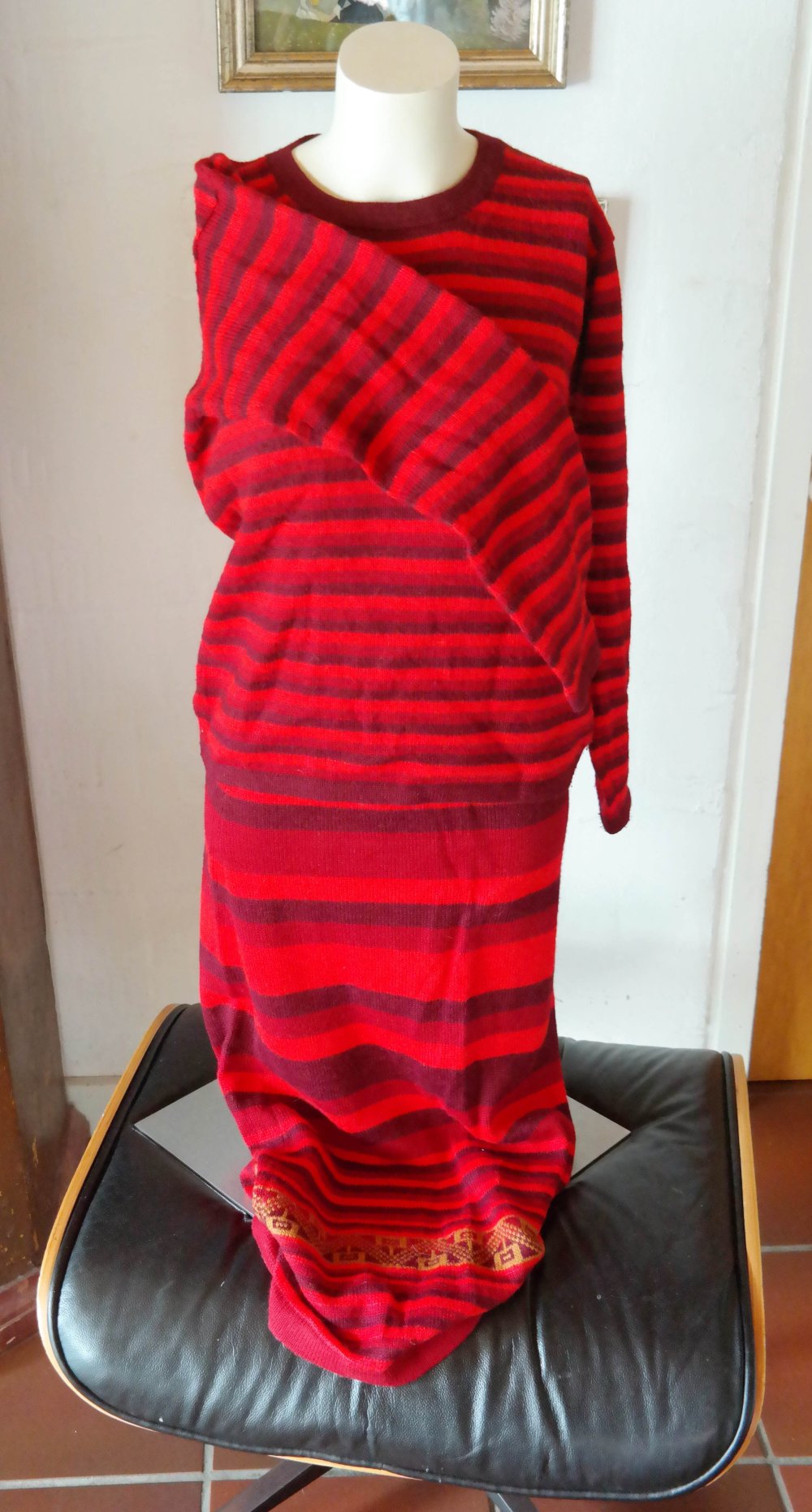 100% Wolle Set Strickpullover Wollpullover Strickrock Wollrock bunt rot Alpaka L 40 Peru Hippie Ethno