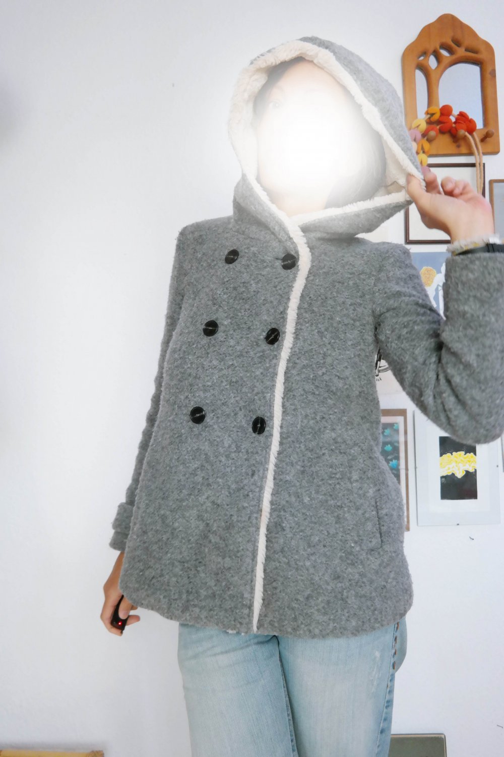 Zara Jacke gefüttert Wolle Wolljacke grau Teddyjacke Teddyfell Kapuze Dufflecoat XS S M 34 36 38