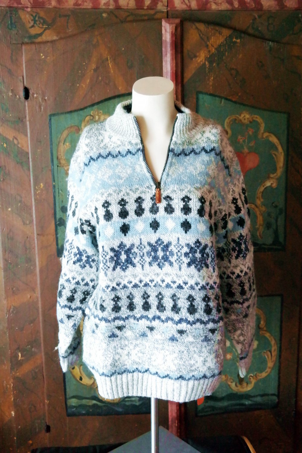 Norweger Pullover Zipper Muster Strickpullover Wolle Wollpullover S bunt grau blau M oversized