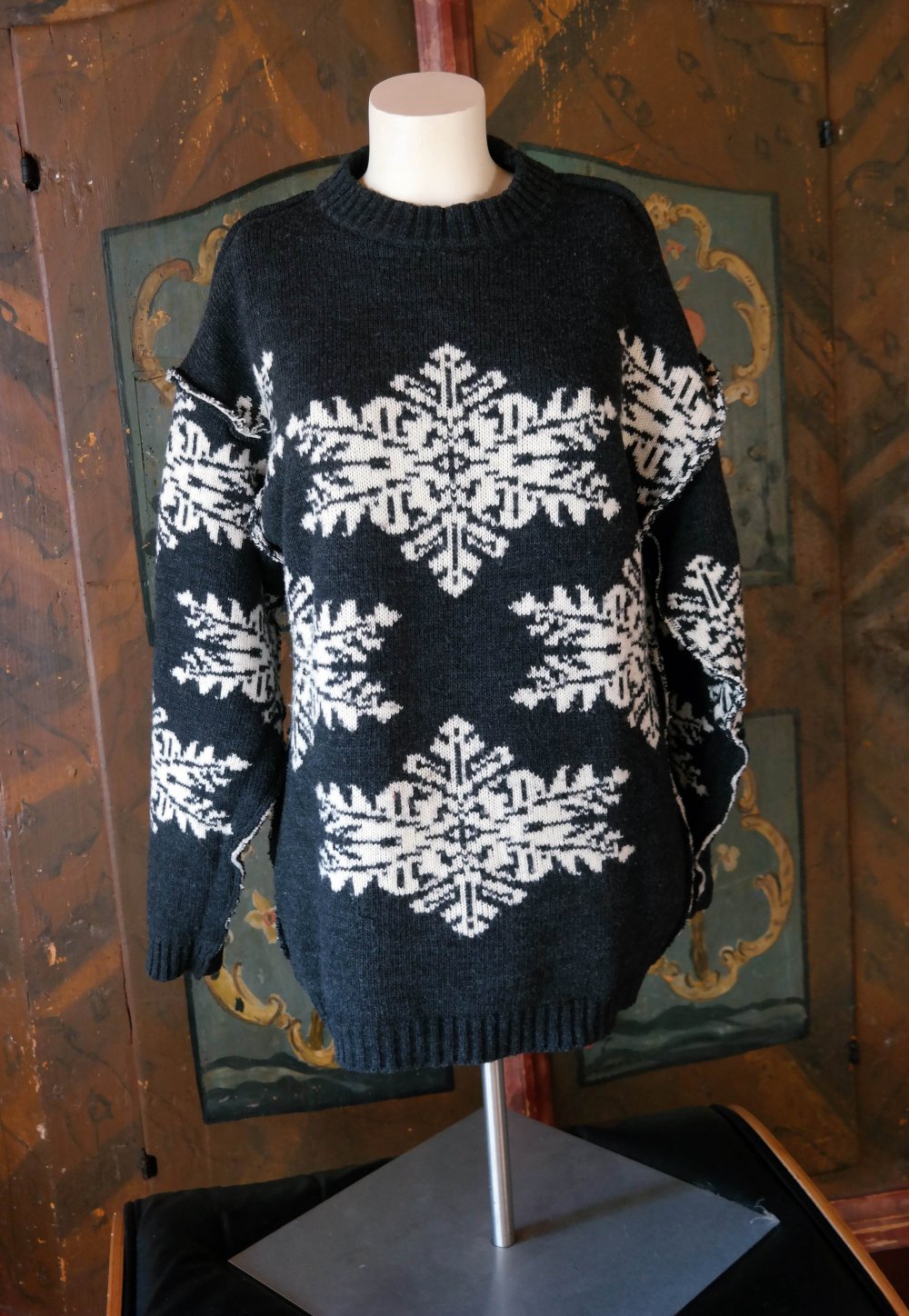 Pullover zweiseitig tragbar Norweger Muster schwarz weiß Schneeflocke XL 42