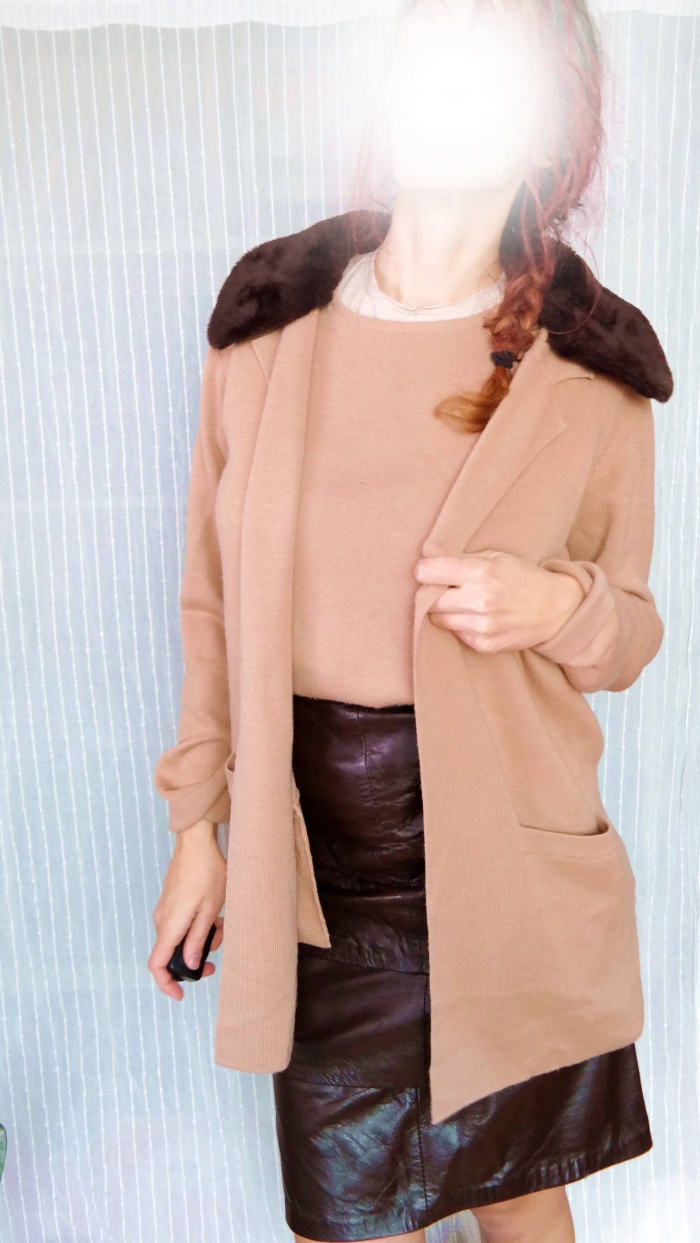 Madeleine Twinset Kostüm Wolle Schurwolle Fellkragen Teddyfell Cardigan Strickjacke braun S M 