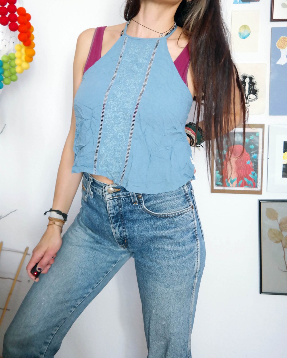 Hippie Ethno Element Top Neckholder luftig zart hellblau Stickerei M 38