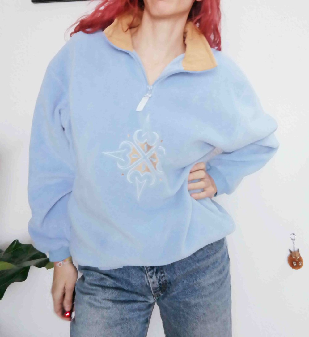 Vintage Fleecepullover Pullover Sweater Sweatshirt Tribal Mandala hellblau weich kuschelig Stickerei bestickt XL 42 