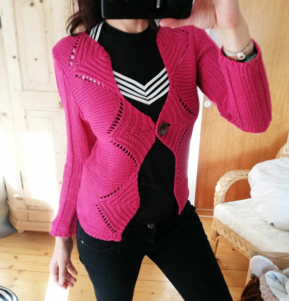Biba Strickjacke fuchsia Häkeloptik Cardigan 36 Strick Muster