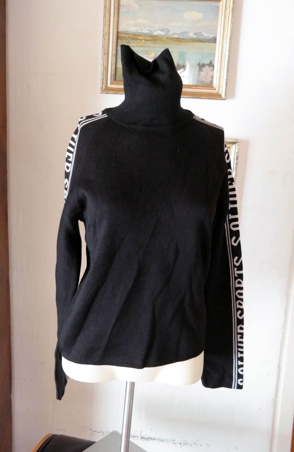 S.Oliver Merino Pullover Rollkragenpullover schwarz elegant Streifen Ärmel M 38