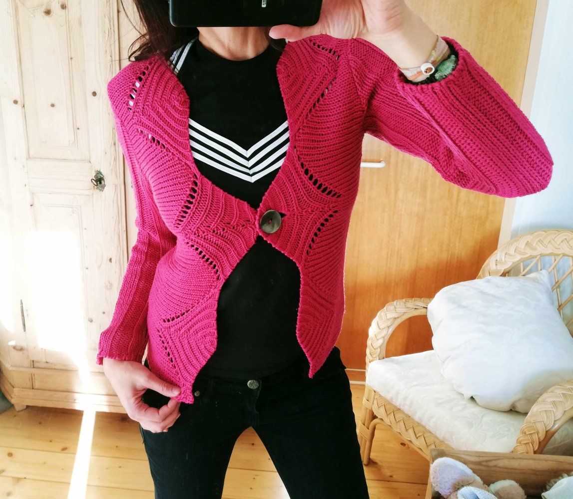 Biba Strickjacke fuchsia Häkeloptik Cardigan 36 Strick Muster