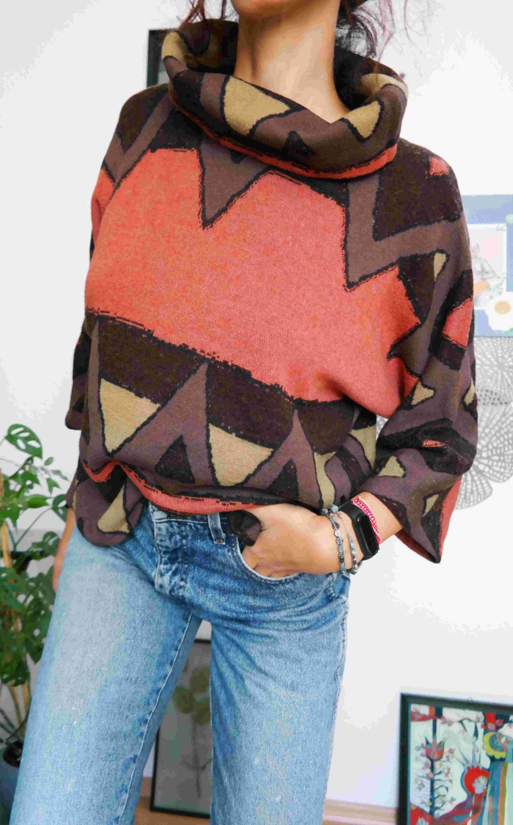 Wollpullover 100% Wolle Schurwolle Ethno Hippie Riesenkragen oversized XL XXL 42 44