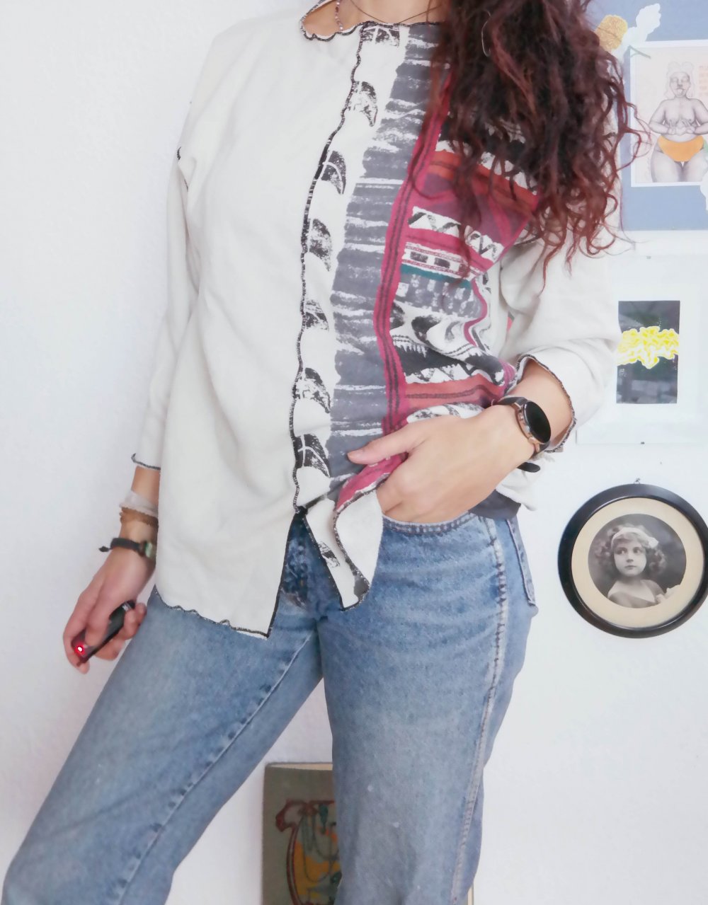 Vintage Sweater Ethno Muster oversized Zum Binden L XL 40 42 weiß bunt Sweatshirt