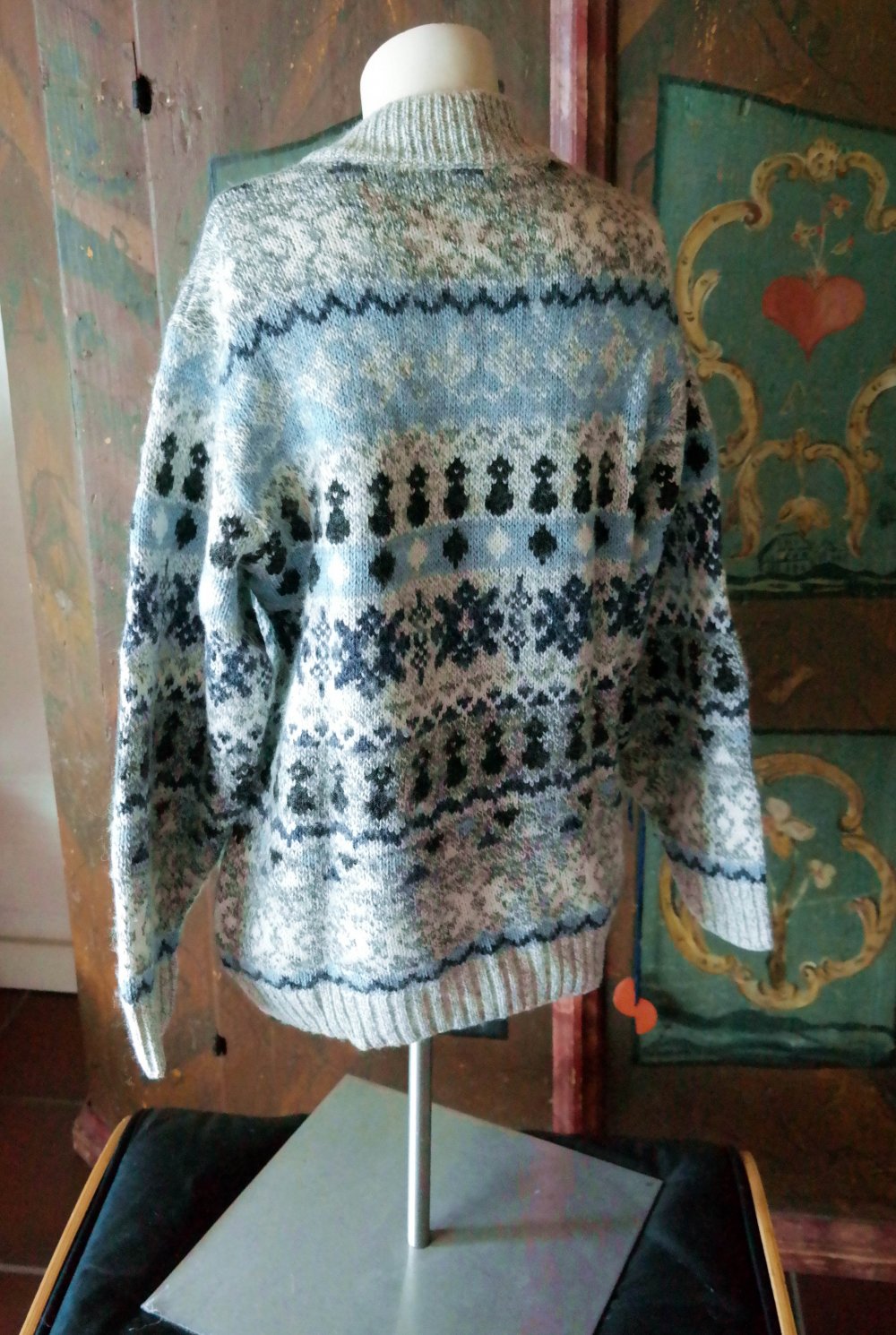 Norweger Pullover Zipper Muster Strickpullover Wolle Wollpullover S bunt grau blau M oversized