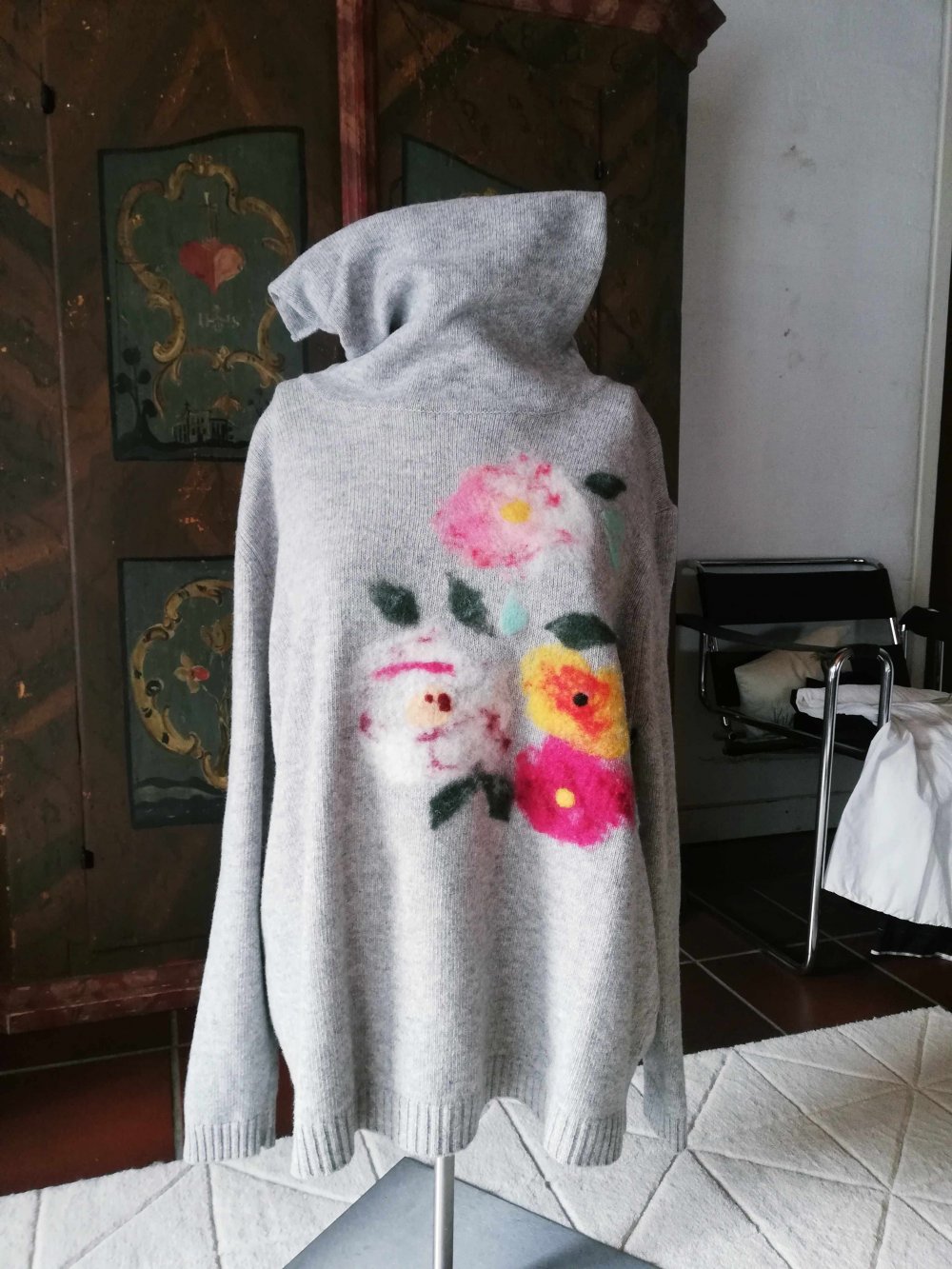 United Colors of Benetton Wollpullover Rollkragen grau Blumen Riesenkragen Strickpullover L 40 M 38