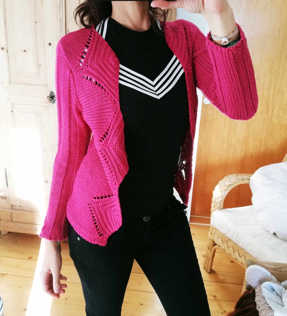 Biba Strickjacke fuchsia Häkeloptik Cardigan 36 Strick Muster