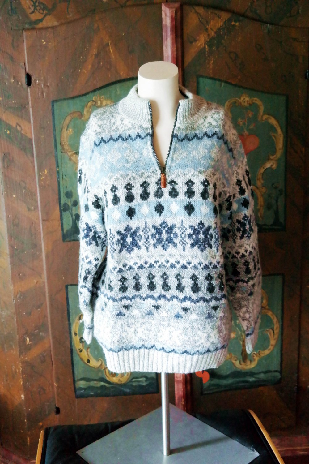Norweger Pullover Zipper Muster Strickpullover Wolle Wollpullover S bunt grau blau M oversized