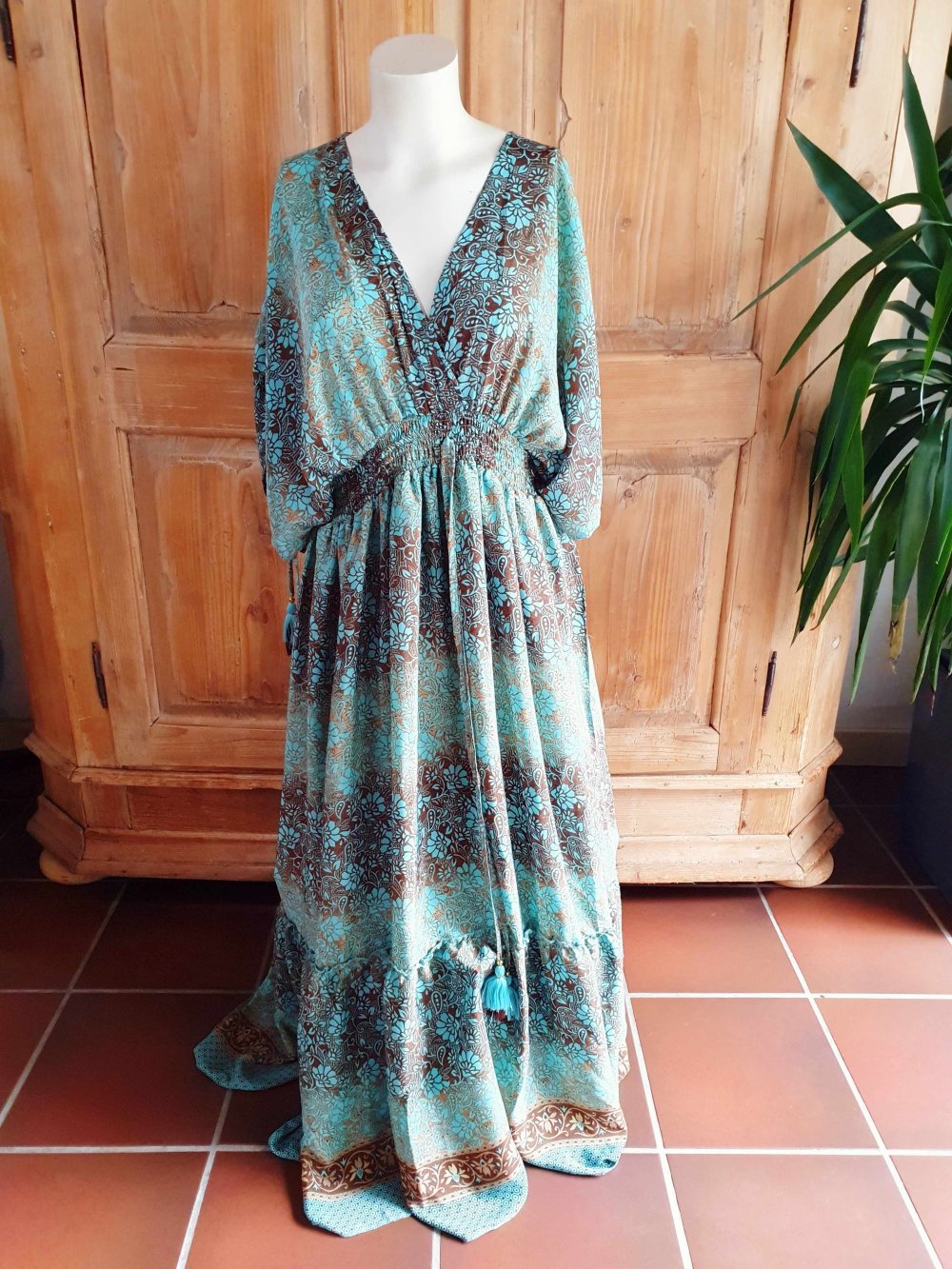 Bohemian Maxikleid Ibiza Sommerkleid V-Ausschnitt bunt türkis Unisize L XL XXL