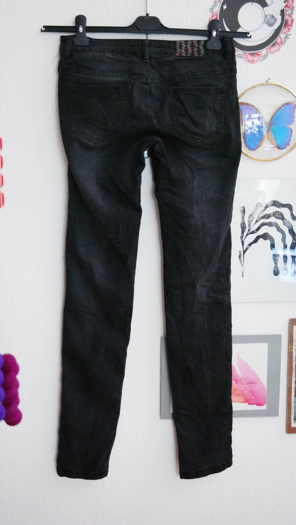 Promod Jeans Hose Jeanshose schwarz Stickerei bestickt bunt Hippie Ethno S M 36 38