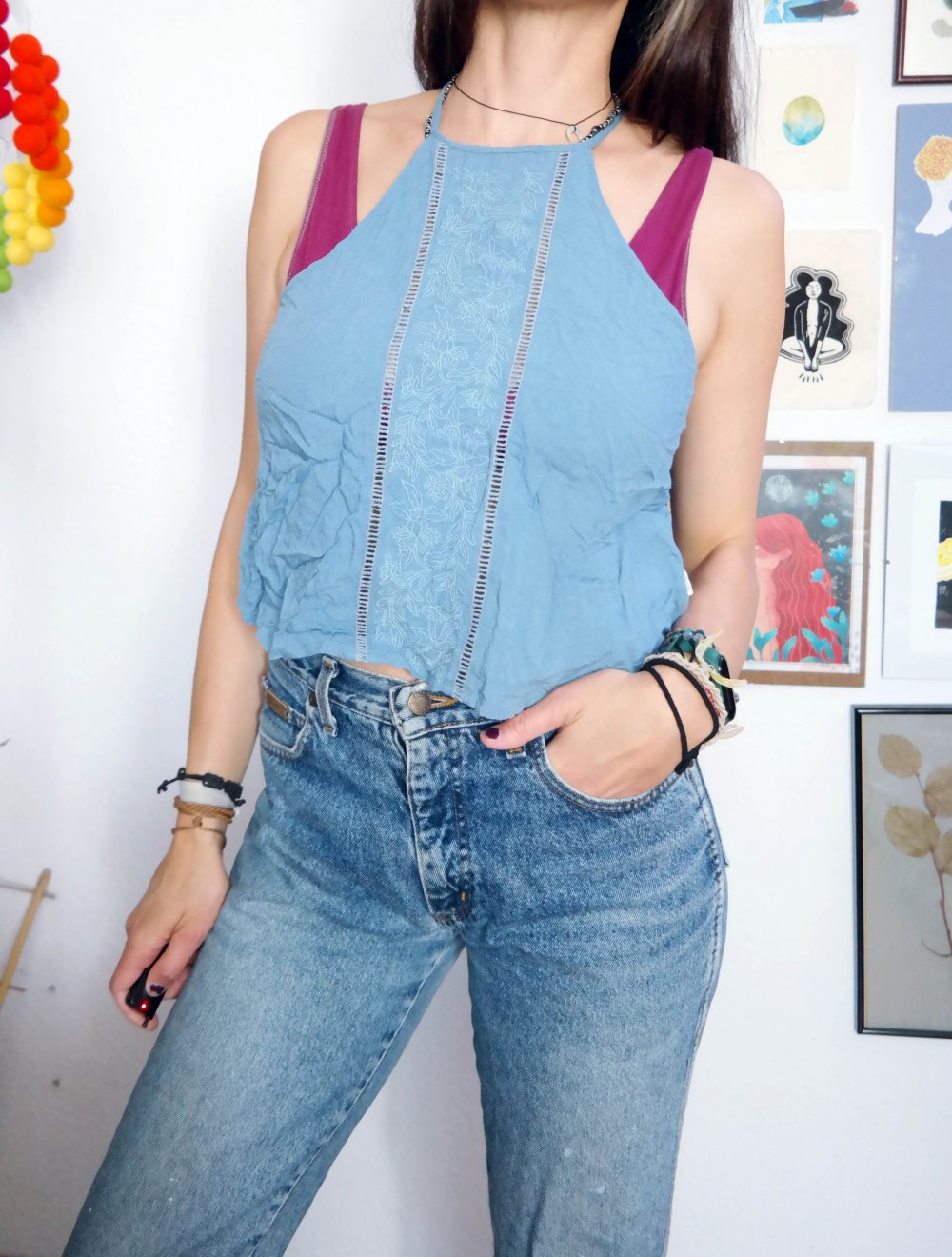 Hippie Ethno Element Top Neckholder luftig zart hellblau Stickerei M 38