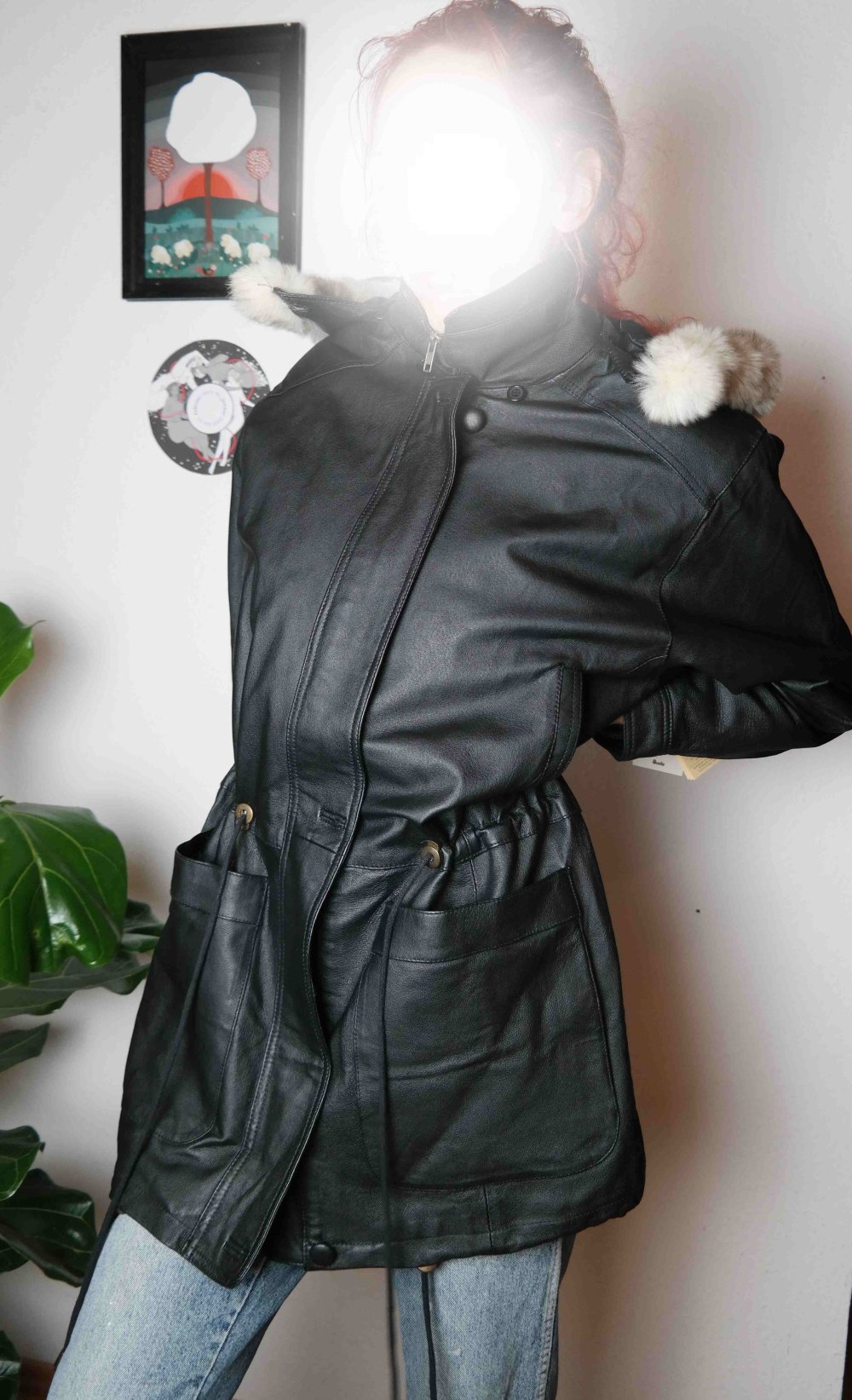 NEU mit Etikett Vintage Ledermantel Parka Lederparka Echtleder schwarz Schnüren XL 42 oversized