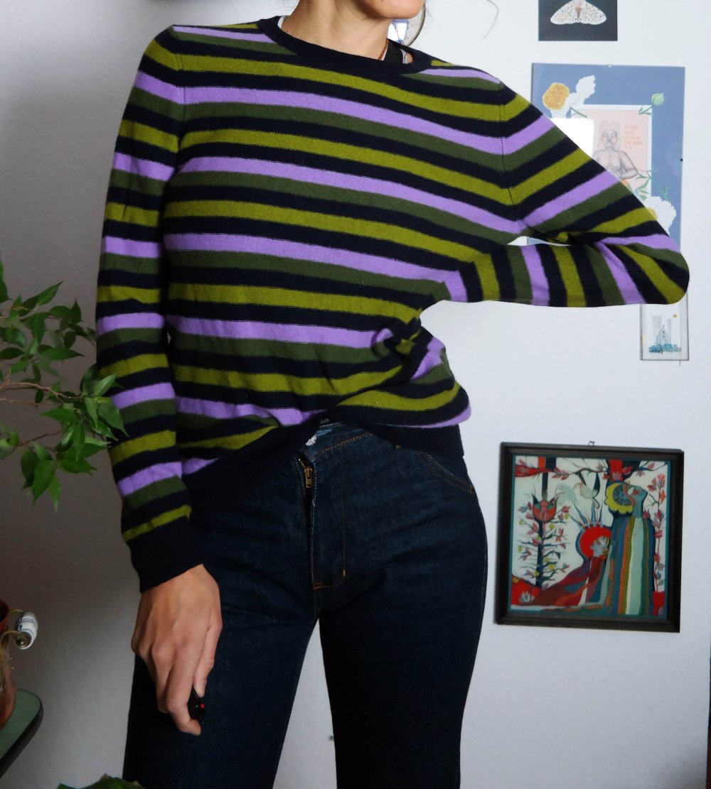 Kuscheliger Hessnatur Wollpullover 100% Schurwolle Streifen gestreift Hess Natur bunt Wolle grün lila schwarz L 40 M 38 Biologisch