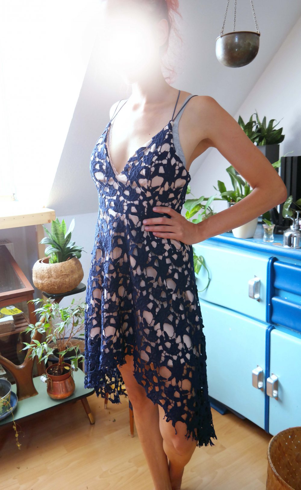 HighLow Kleid Spitzenkleid Abendkleid dunkelblau marine Spitze Blumen S M 36 38 Vokuhila