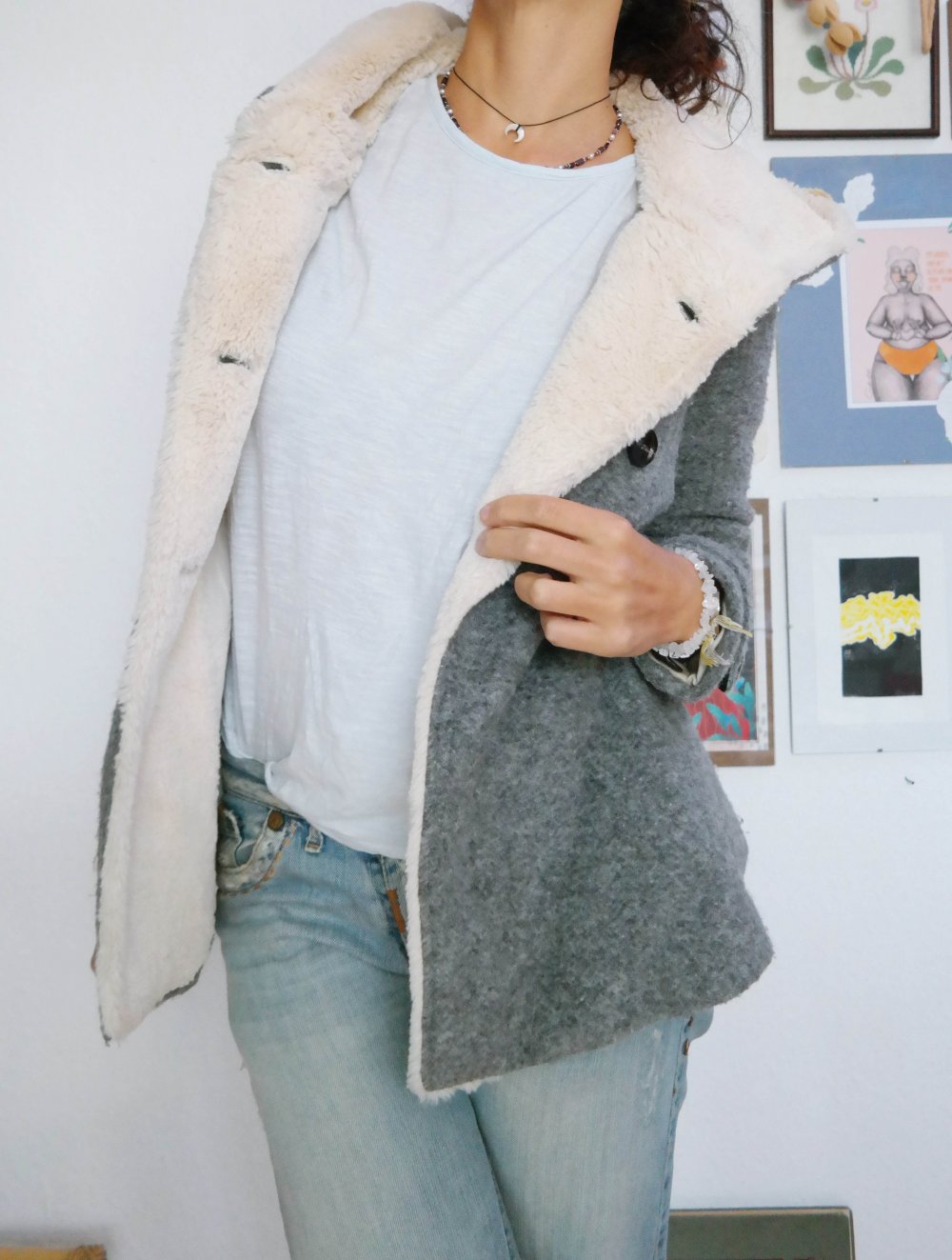 Zara Jacke gefüttert Wolle Wolljacke grau Teddyjacke Teddyfell Kapuze Dufflecoat XS S M 34 36 38