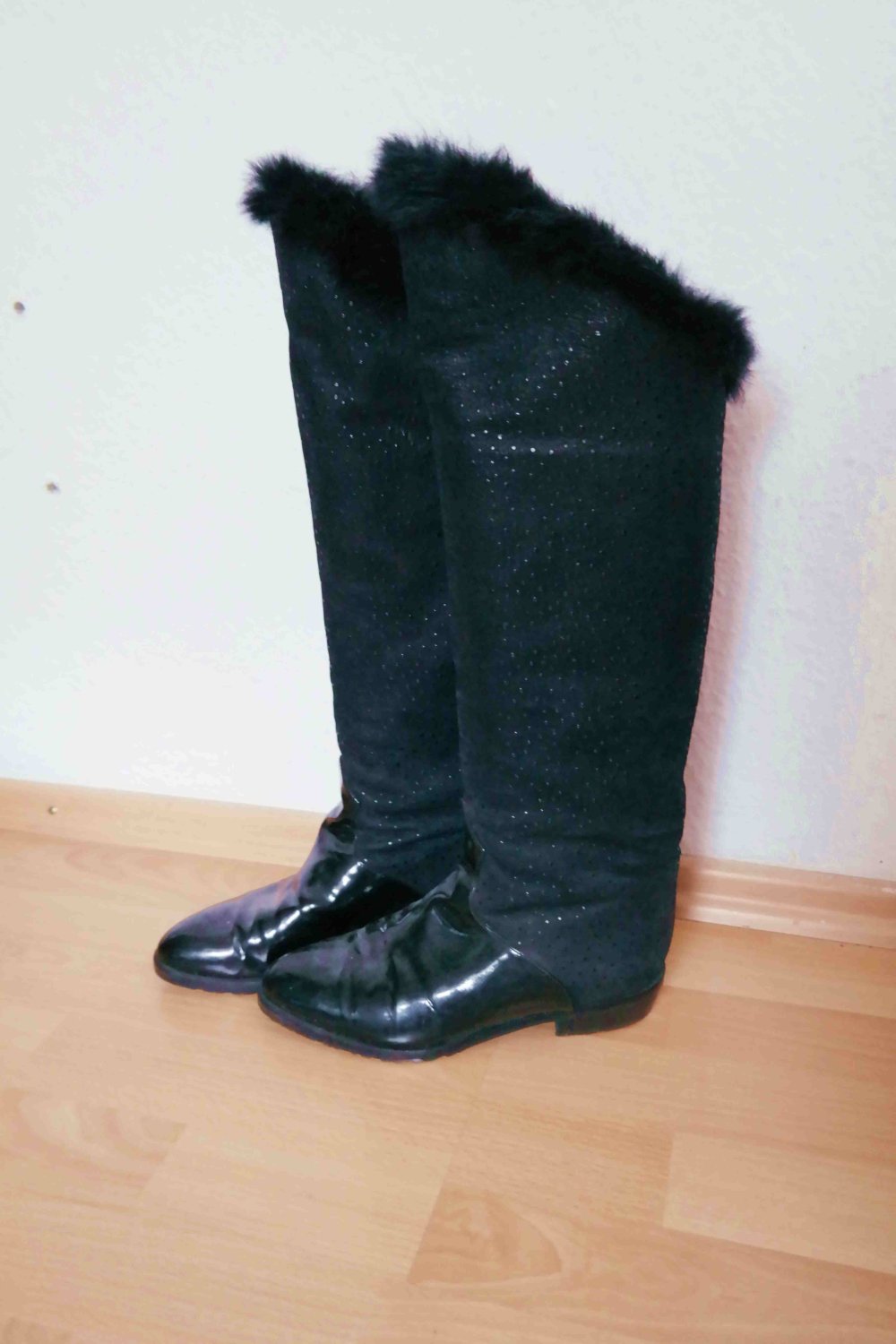 Vintage Stiefel Winterstiefel warm schwarz gefüttert Leder Echtleder Lack Fell Pelz 39