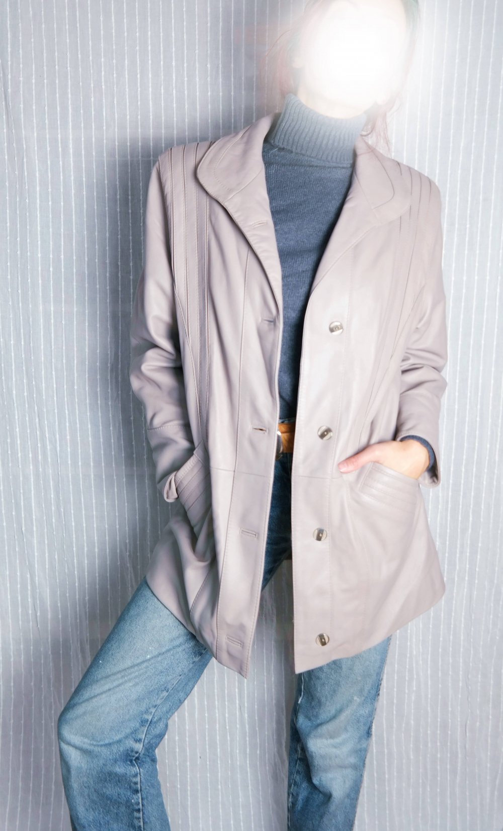 Vintage Lederjacke Ledermantel grau 80er 90er parka oversized hellgrau Kragen Echtleder Echtledermantel Echtlederjacke 38 M 40 L