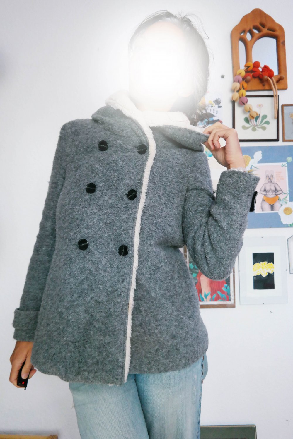 Zara Jacke gefüttert Wolle Wolljacke grau Teddyjacke Teddyfell Kapuze Dufflecoat XS S M 34 36 38