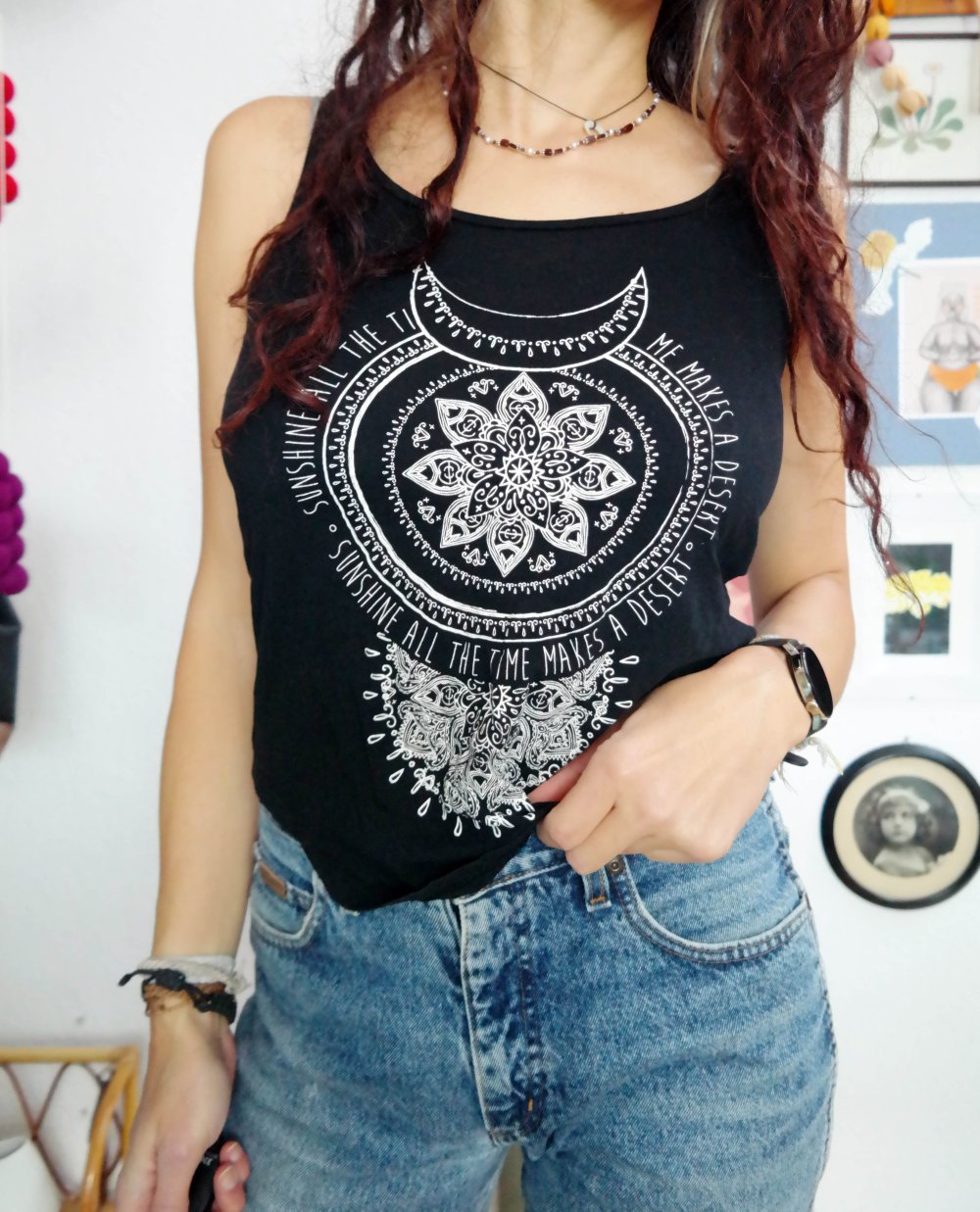 Mandala Hippie Tanktop Mond Sonne Wicca schwarz Ethno XS S 34 36