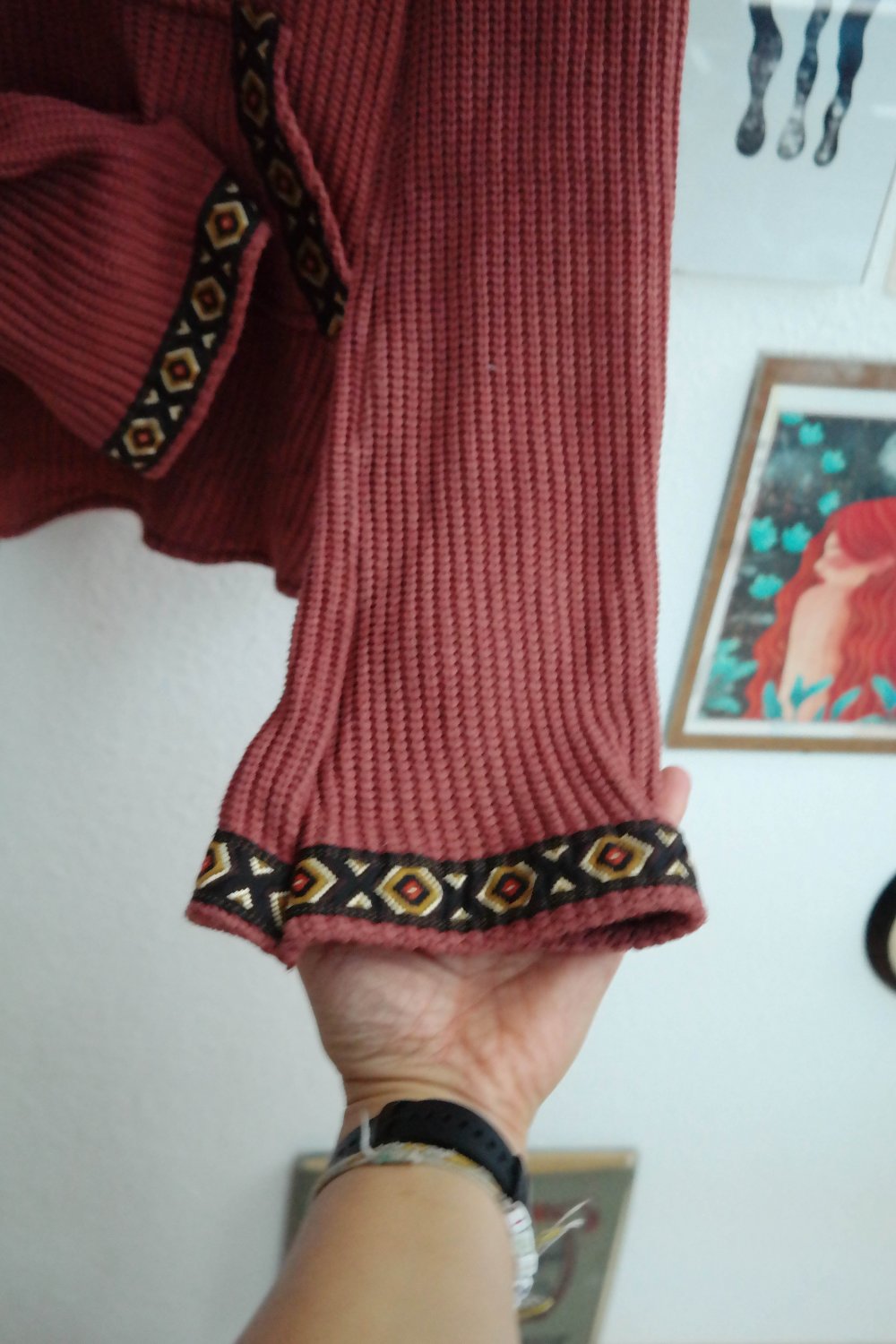 Pocaluna Pullover Hoodie Kapuzenpullover Strickstoff Borte Lang Handmade M 38 rose rost