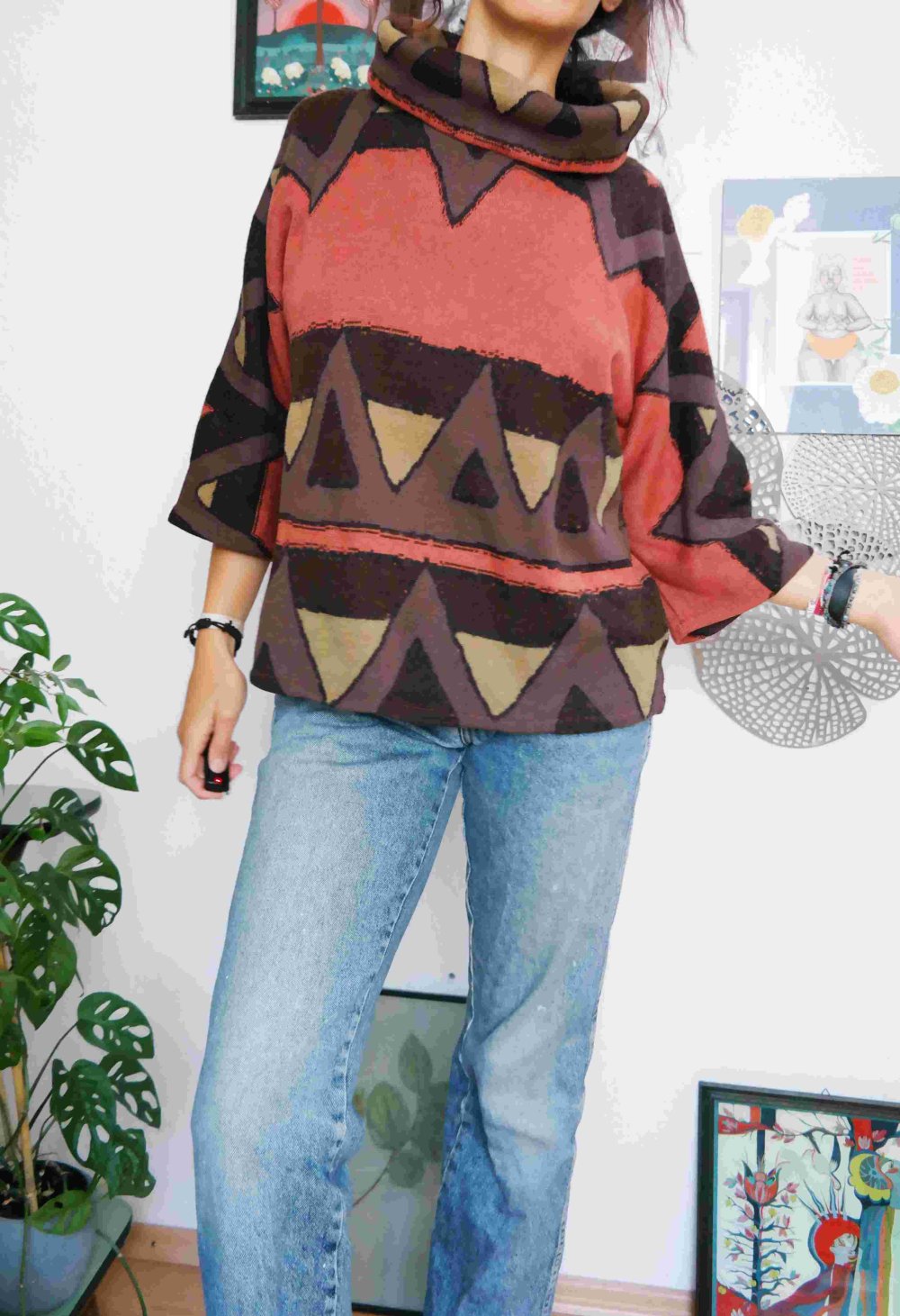 Wollpullover 100% Wolle Schurwolle Ethno Hippie Riesenkragen oversized XL XXL 42 44