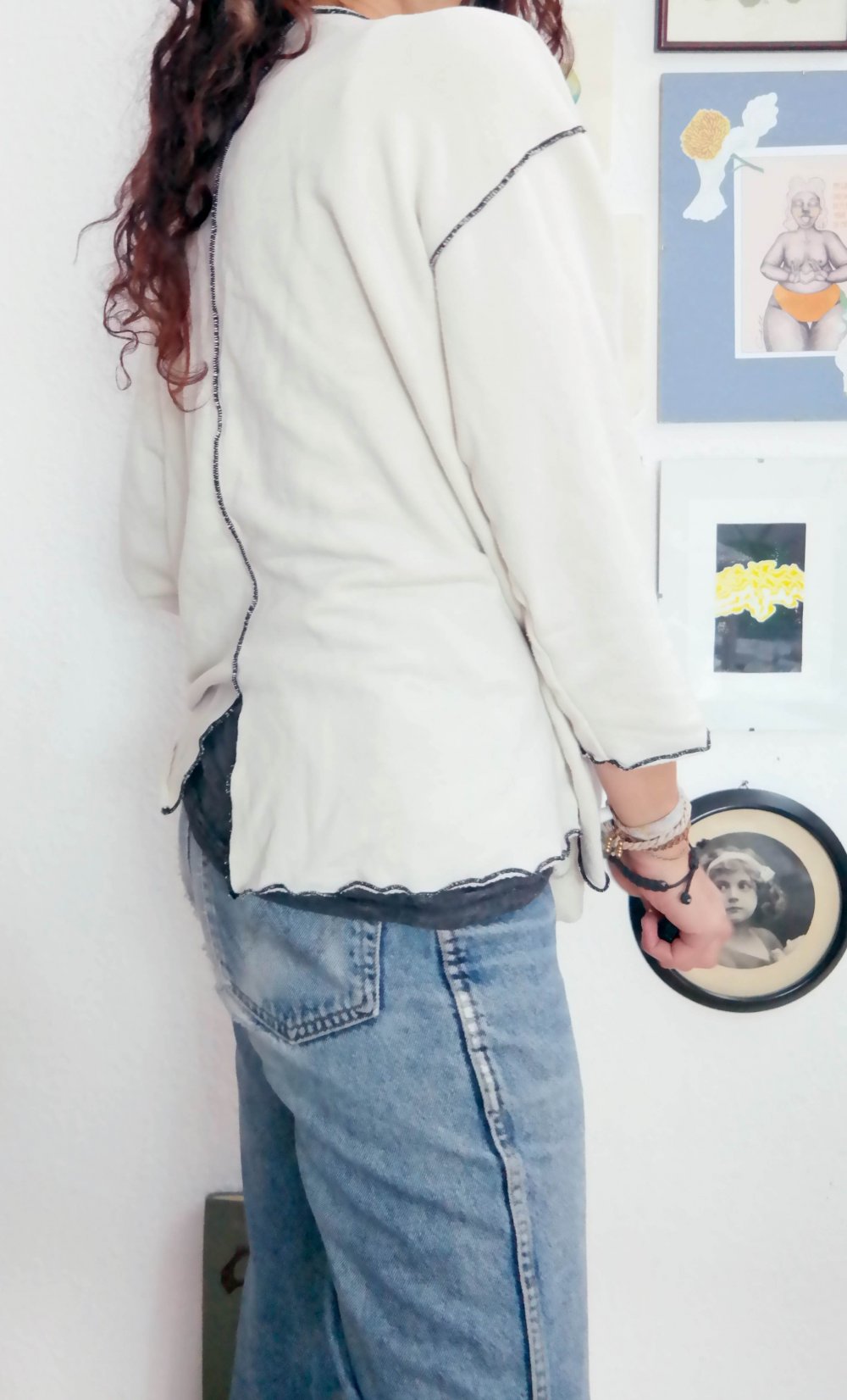 Vintage Sweater Ethno Muster oversized Zum Binden L XL 40 42 weiß bunt Sweatshirt
