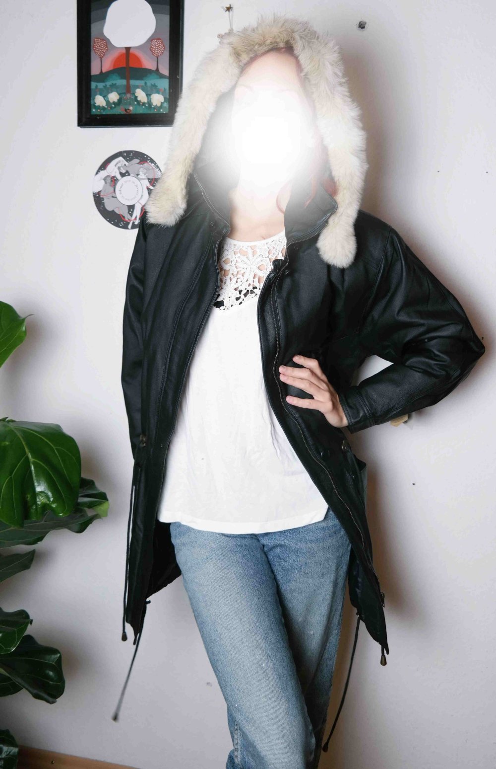 NEU mit Etikett Vintage Ledermantel Parka Lederparka Echtleder schwarz Schnüren XL 42 oversized