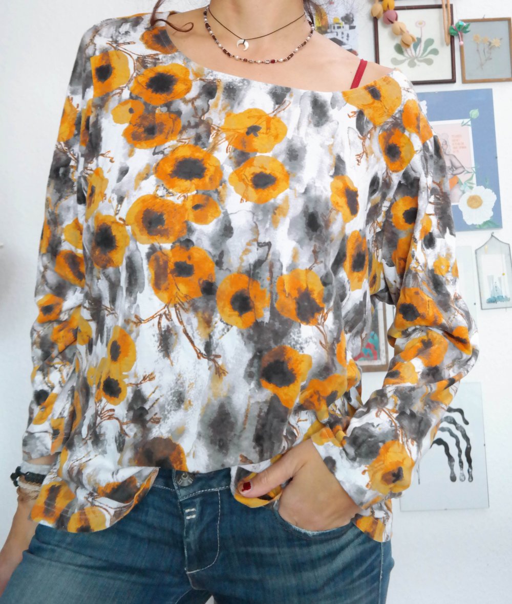 Langarmshirt Longsleeve Blumen bunt Mohnblumen 48 XXL weiß Pullover