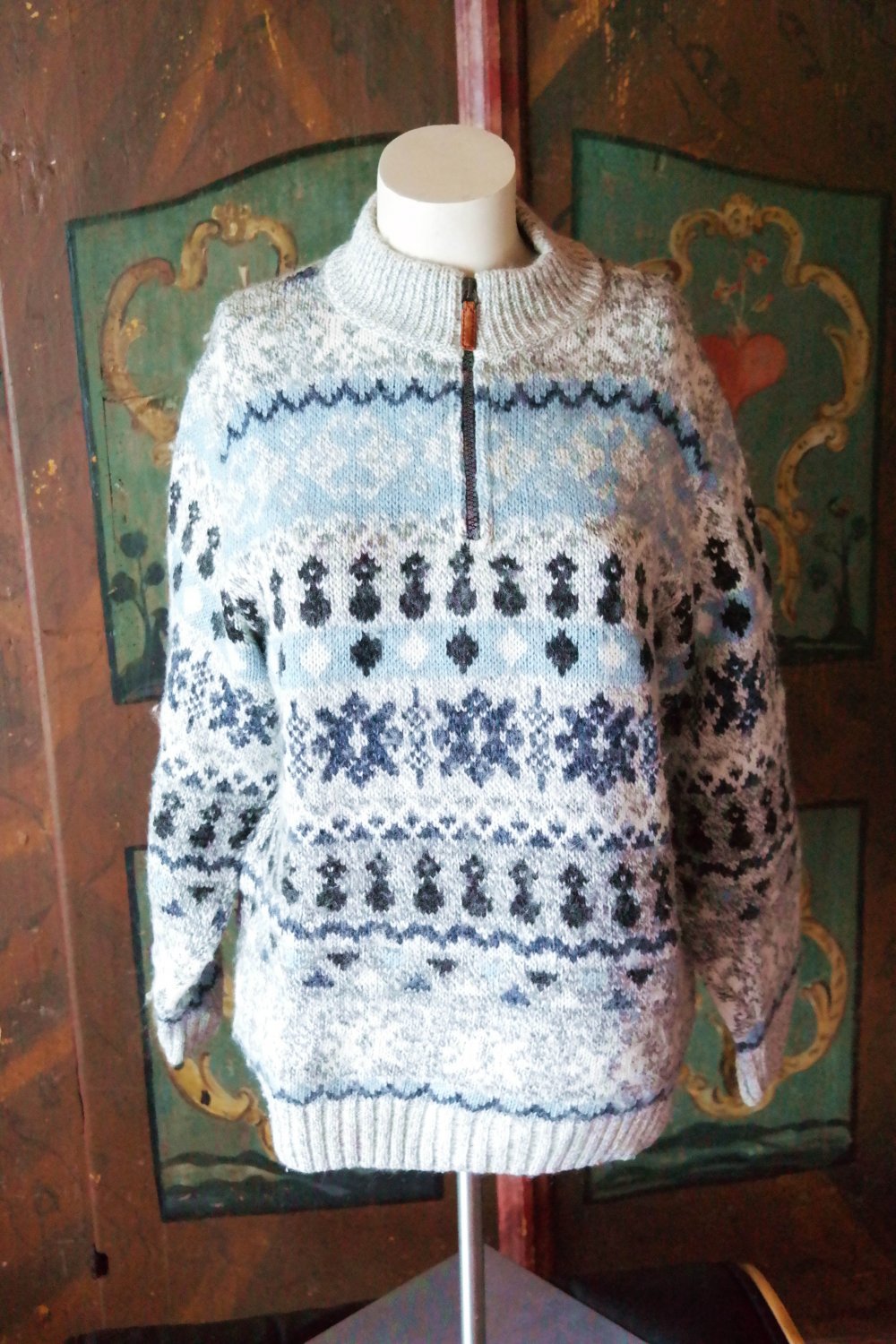 Norweger Pullover Zipper Muster Strickpullover Wolle Wollpullover S bunt grau blau M oversized