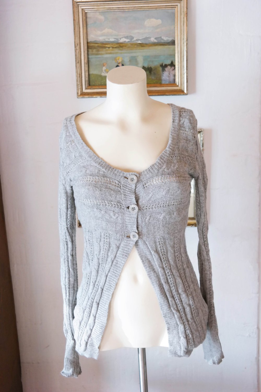 Strickjacke Cardigan Angora grau Muster Strickmuster leicht Hippie Ethno XS 34 
