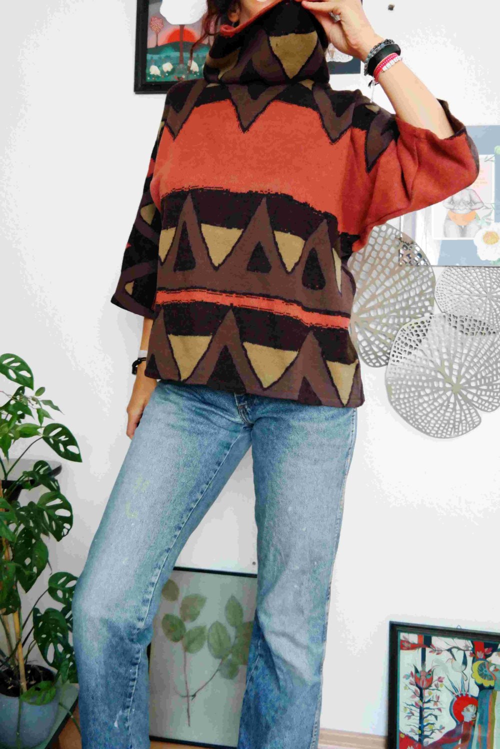 Wollpullover 100% Wolle Schurwolle Ethno Hippie Riesenkragen oversized XL XXL 42 44