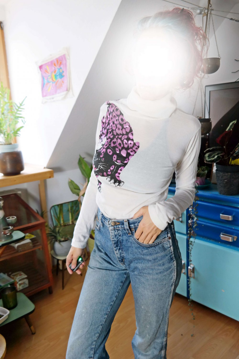 Rollkragenpullover Rolli Review weiß Panther Leopard schwarz pink shiny glimmer glänzend Vintage S 38 M 40