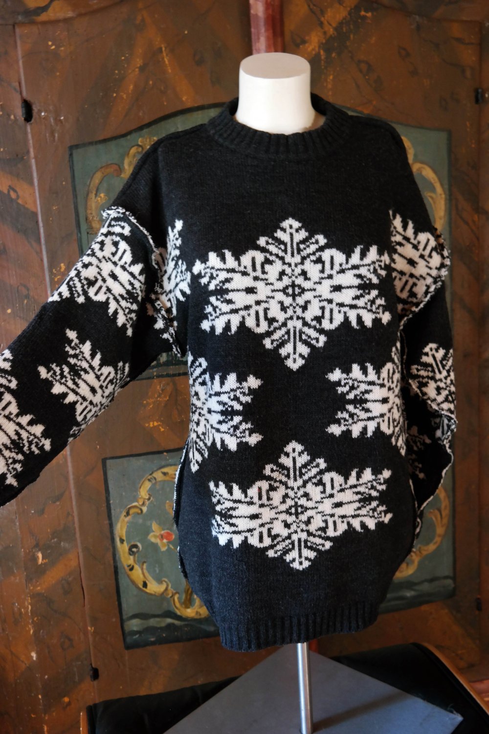 Pullover zweiseitig tragbar Norweger Muster schwarz weiß Schneeflocke XL 42